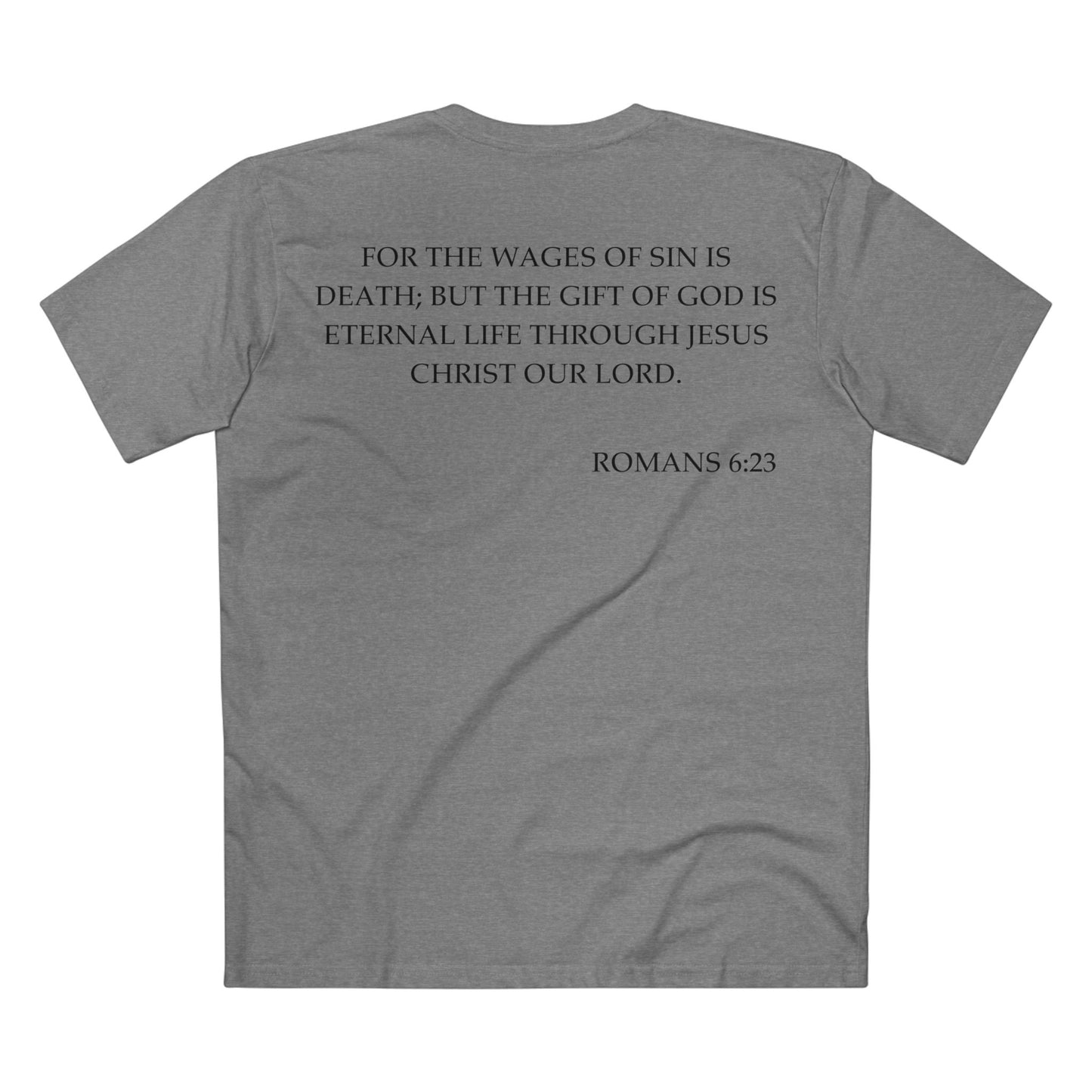 Back of Surrendered Apparel grey Christian T-shirt featuring the Bible verse Romans 6:23 in bold text, perfect for sharing faith and Jesus