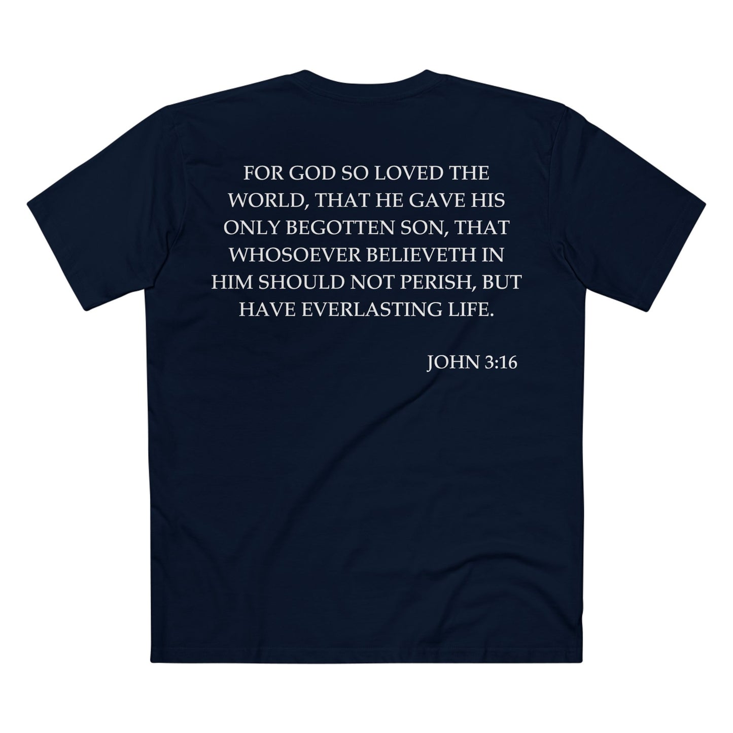 Back of Surrendered Apparel Navy Christian T-shirt featuring the Bible verse John 3:16 in bold text, perfect for sharing faith and Jesus