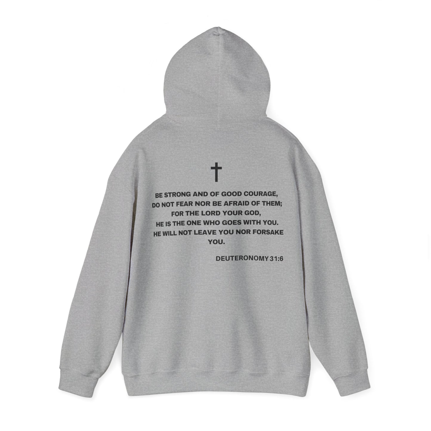 Back of Surrendered Apparel light grey Christian hoodie featuring the Bible verse Deuteronomy 31:6 in bold teal and black text, with a comfortable fit, perfect for sharing Jesus and staying warm on chilly days