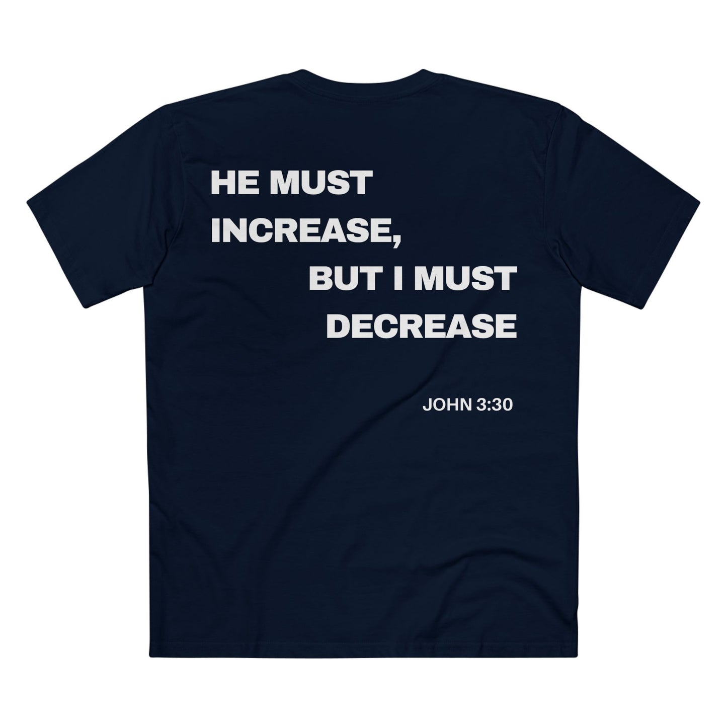 Back of Surrendered Apparel navy Christian T-shirt featuring the Bible verse John 3:30 in bold text, perfect for sharing faith and Jesus