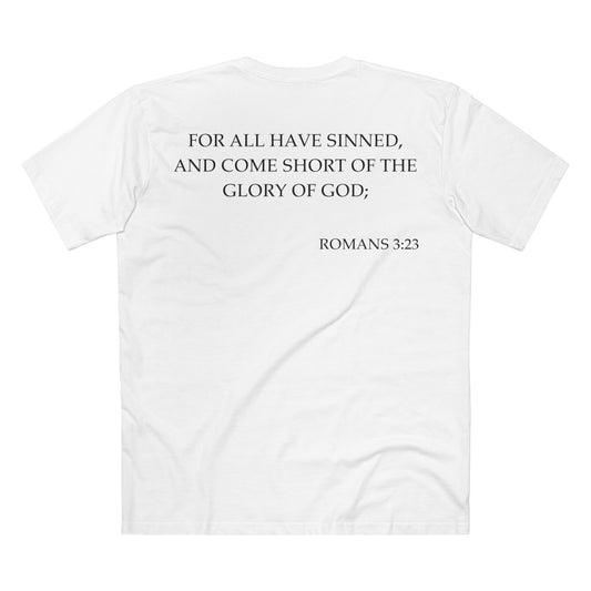 Back of Surrendered Apparel white Christian T-shirt featuring the Bible verse Romans 3:23 in bold text, perfect for sharing faith and Jesus