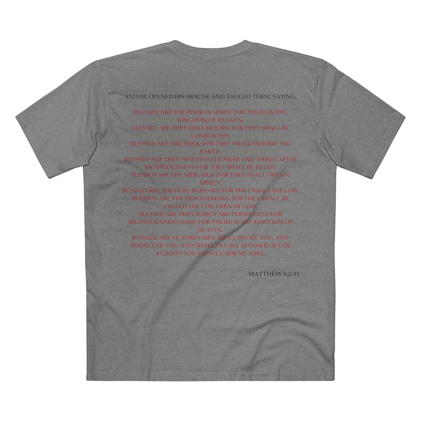 Back of Surrendered Apparel grey Christian T-shirt featuring the Bible verse Matthew 5:2-11 in bold text, perfect for sharing faith and Jesus