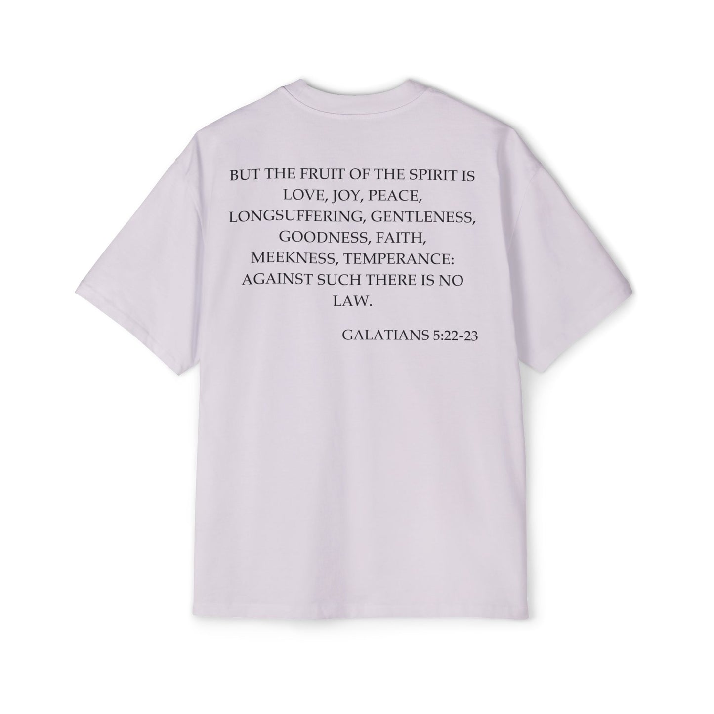 Back of Surrendered Apparel lavender oversized Christian T-shirt featuring the Bible verse Galatians 5:22-23 in bold black text, providing a cozy fit perfect for cooler days and sharing faith.