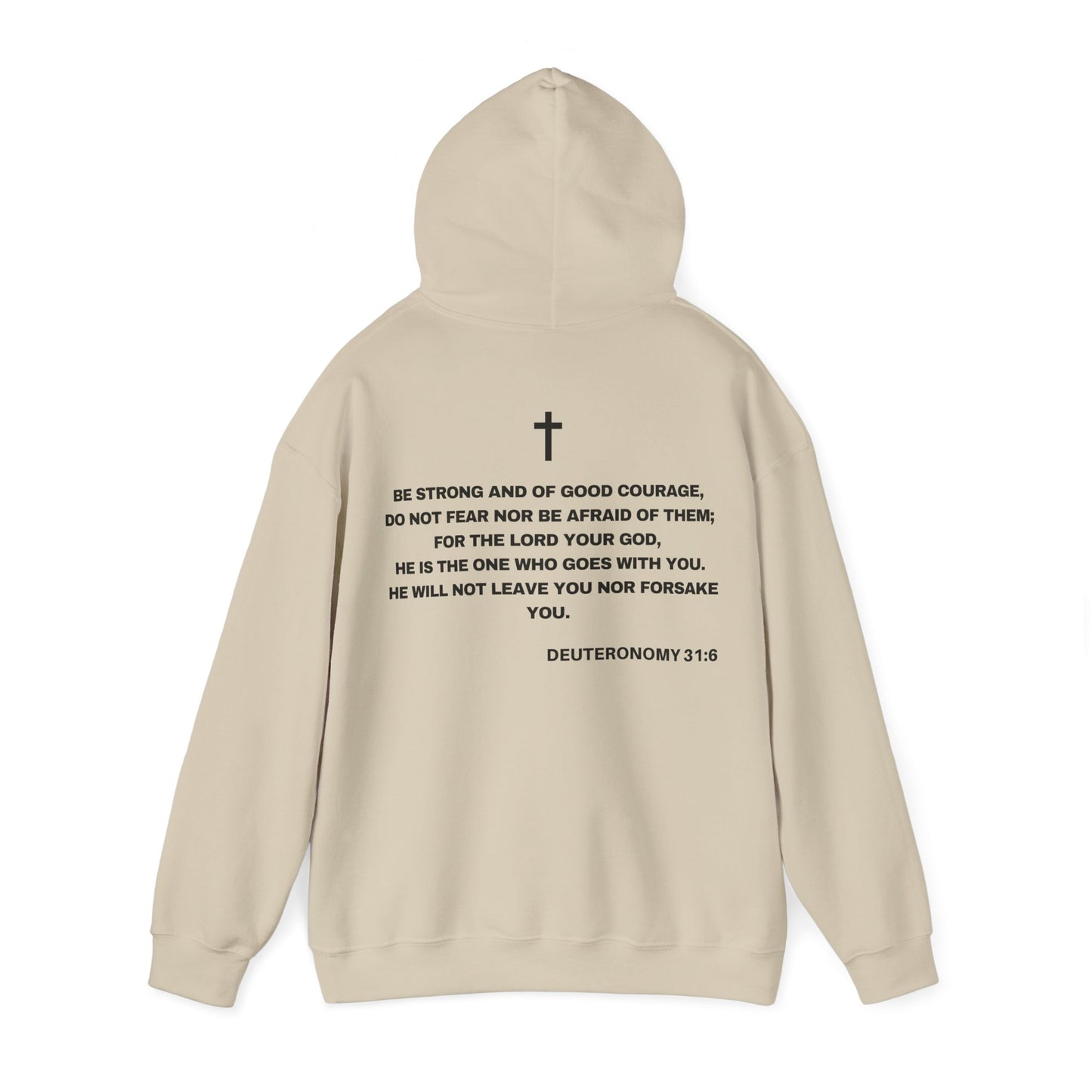 Back of Surrendered Apparel cream Christian hoodie featuring the Bible verse Deuteronomy 31:6 in bold teal and black text, with a comfortable fit, perfect for sharing Jesus and staying warm on chilly days