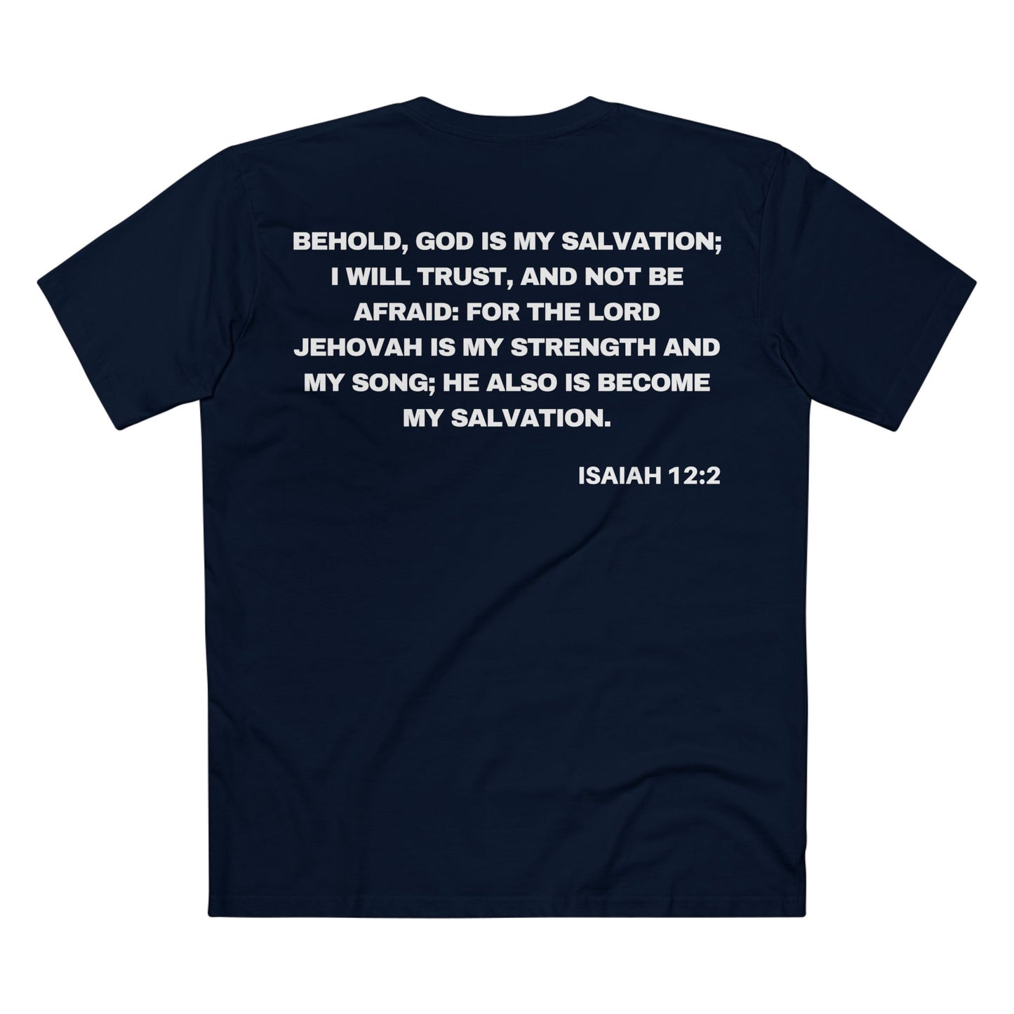 Back of Surrendered Apparel navy Christian T-shirt featuring the Bible verse Isaiah 12:2 in bold text, perfect for sharing faith and Jesus