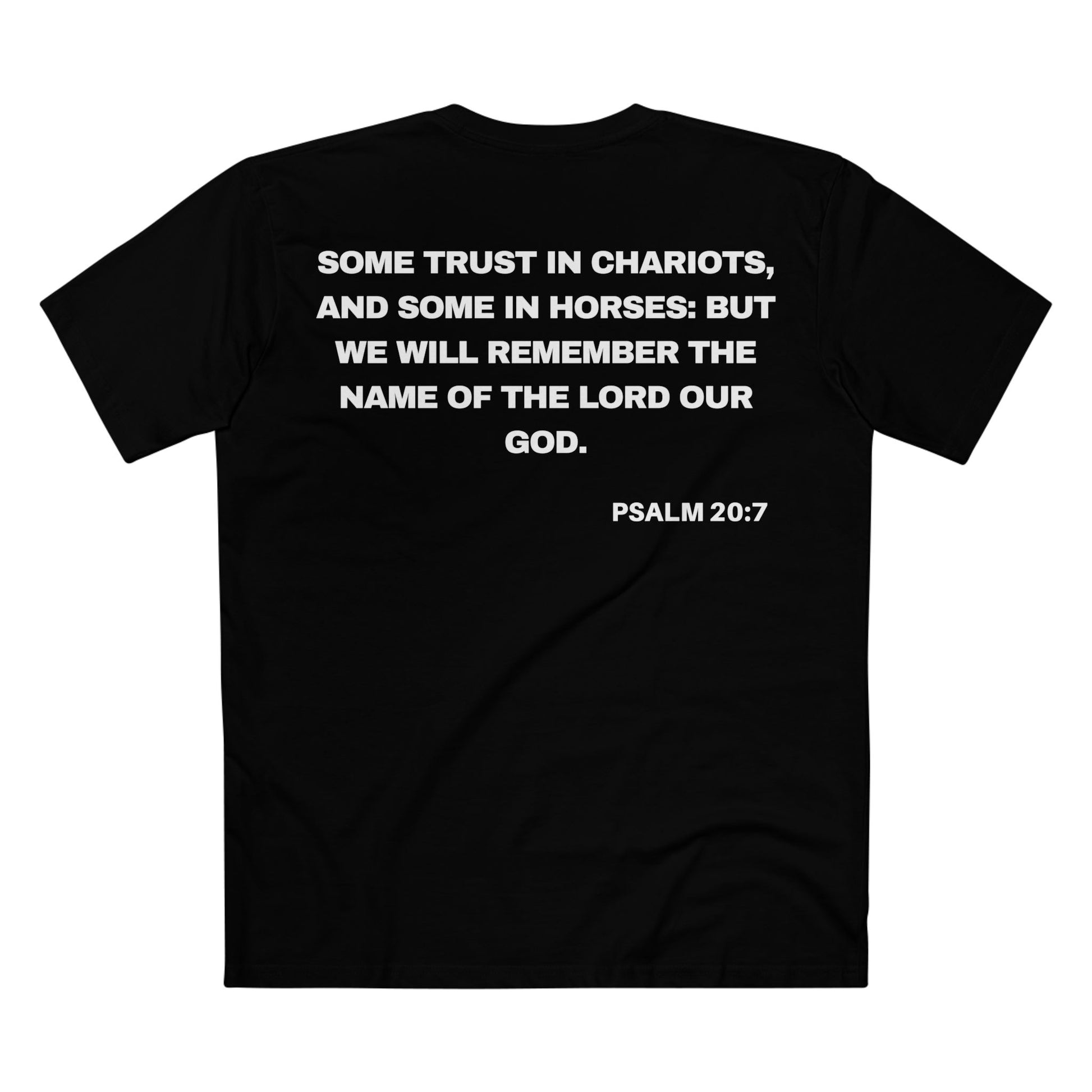 Back of Surrendered Apparel black Christian T-shirt featuring the Bible verse psalm 20:7 in bold text, perfect for sharing faith and Jesus