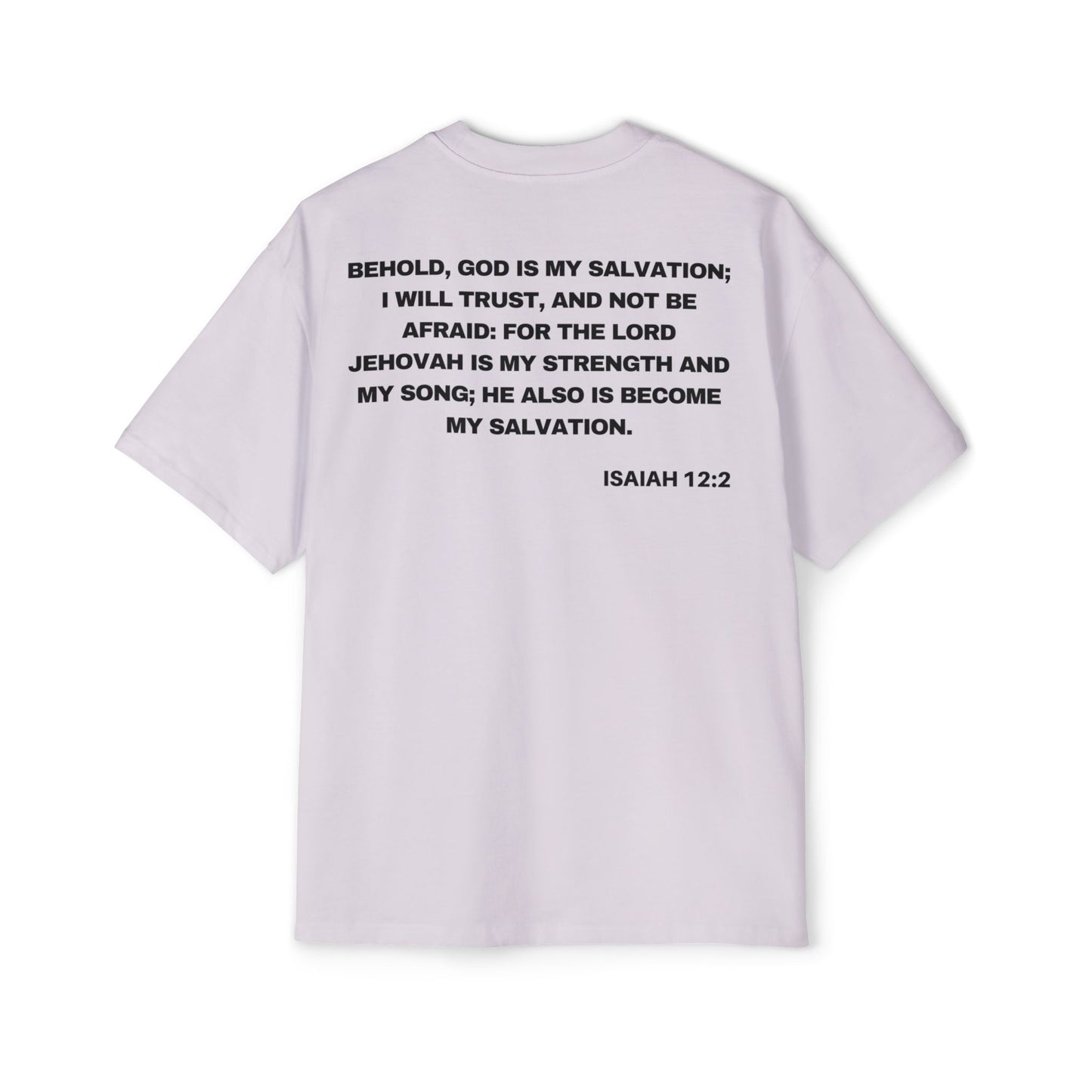 Back of Surrendered Apparel lavender oversized Christian T-shirt featuring the Bible verse Isaiah 12:2 in bold text, providing a cozy fit perfect for cooler days and sharing faith