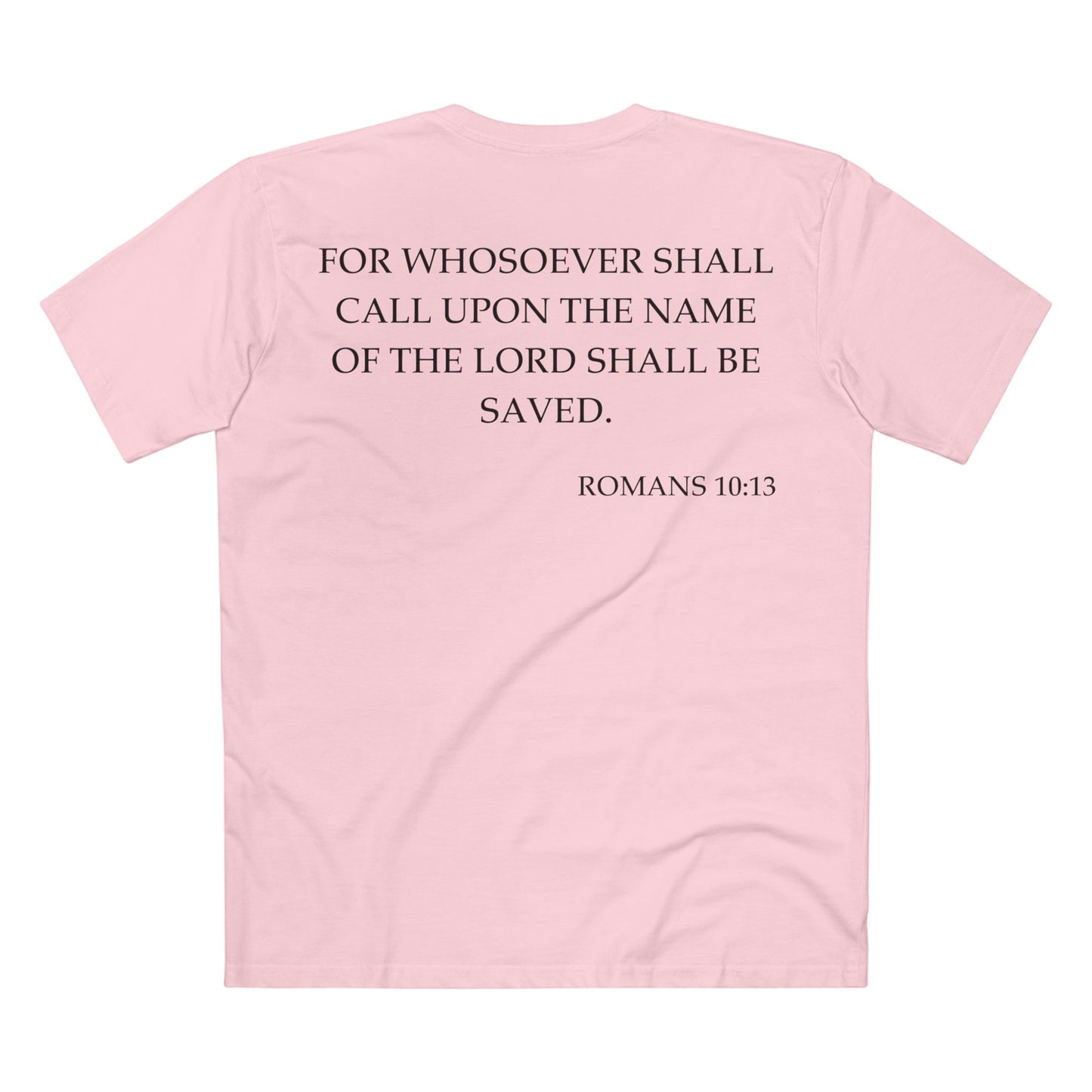 Back of Surrendered Apparel pink Christian T-shirt featuring the Bible verse Romans 10:13 in bold text, perfect for sharing faith and Jesus