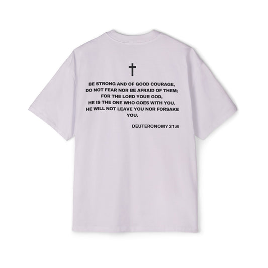 Back of Surrendered Apparel lavender oversized Christian T-shirt featuring the Bible verse Deuteronomy 31:6 in bold black text, cross above, providing a cozy fit perfect for cooler days and sharing faith.