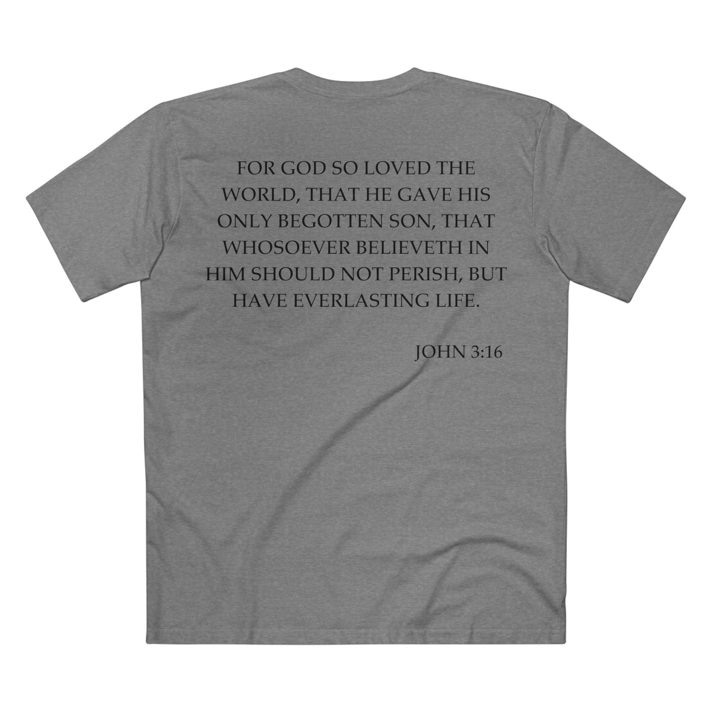 Back of Surrendered Apparel grey Christian T-shirt featuring the Bible verse John 3:16 in bold text, perfect for sharing faith and Jesus