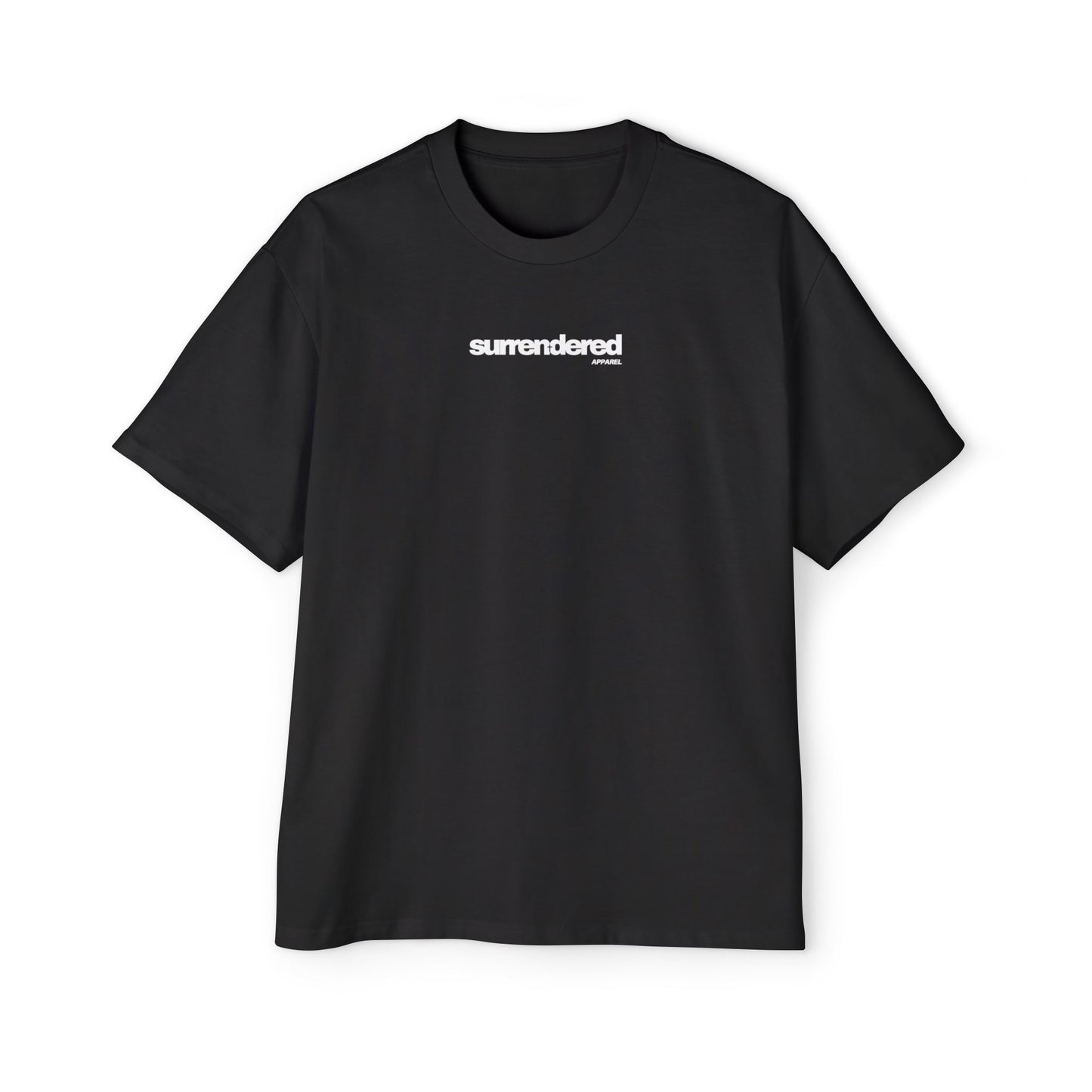 Black Surrendered Apparel shirt. Surrendered apparel logo written across chest in white. Oversized style for a comfy fit