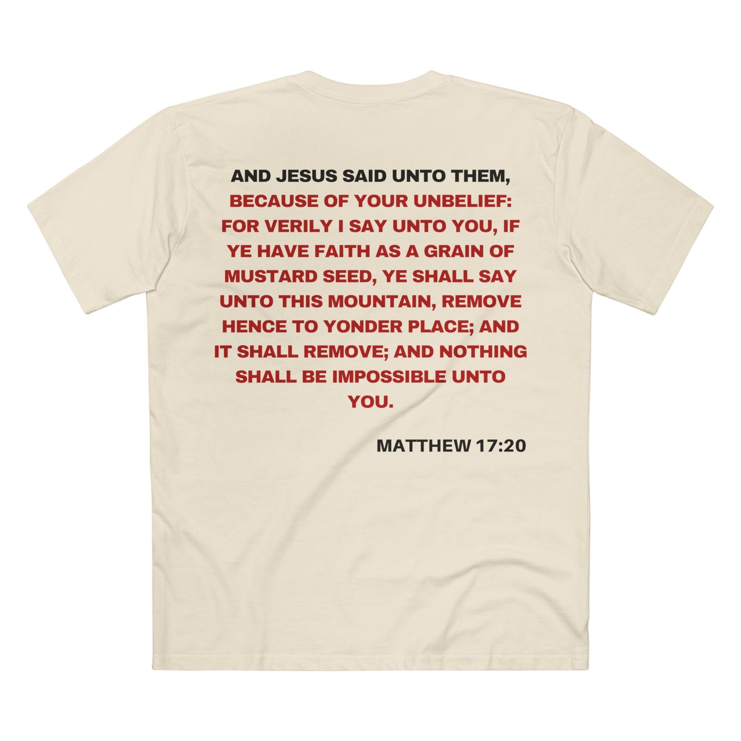 Back of Surrendered Apparel cream Christian T-shirt featuring the Bible verse Matthew 17:20 in bold text, perfect for sharing faith and Jesus