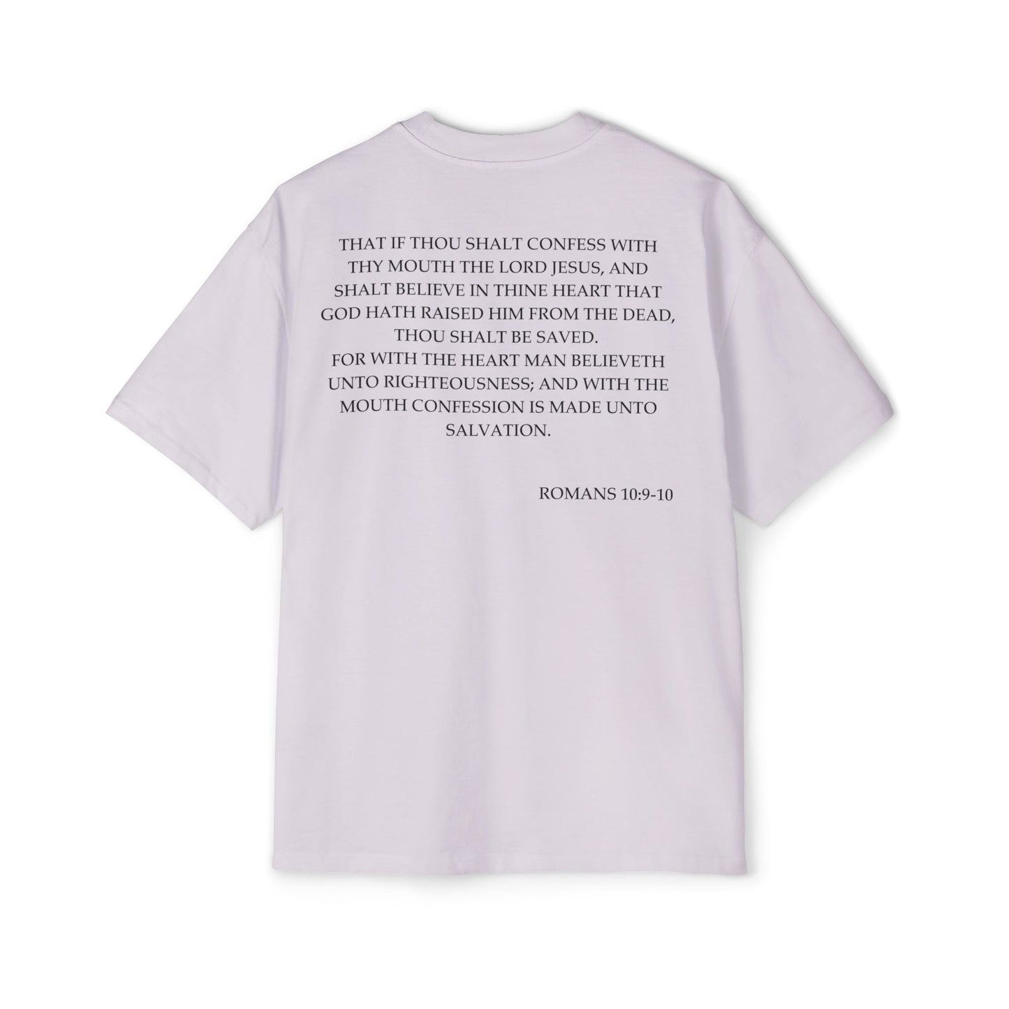 Back of Surrendered Apparel lavender oversized Christian T-shirt featuring the Bible verse Romans 10:9-10 in bold black text, providing a cozy fit perfect for cooler days and sharing faith.