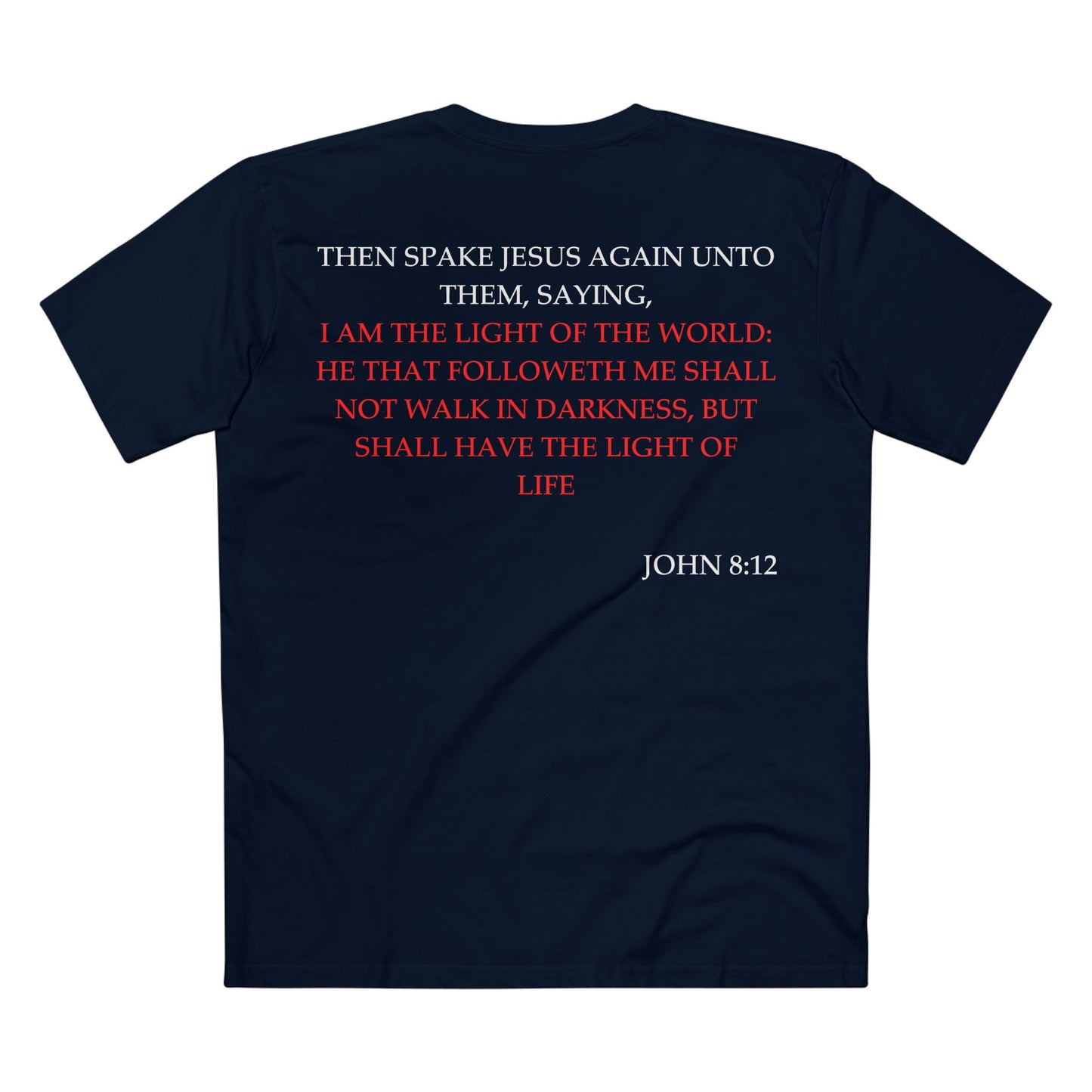 Back of Surrendered Apparel navy Christian T-shirt featuring the Bible verse John 8:12 in bold text, perfect for sharing faith and Jesus