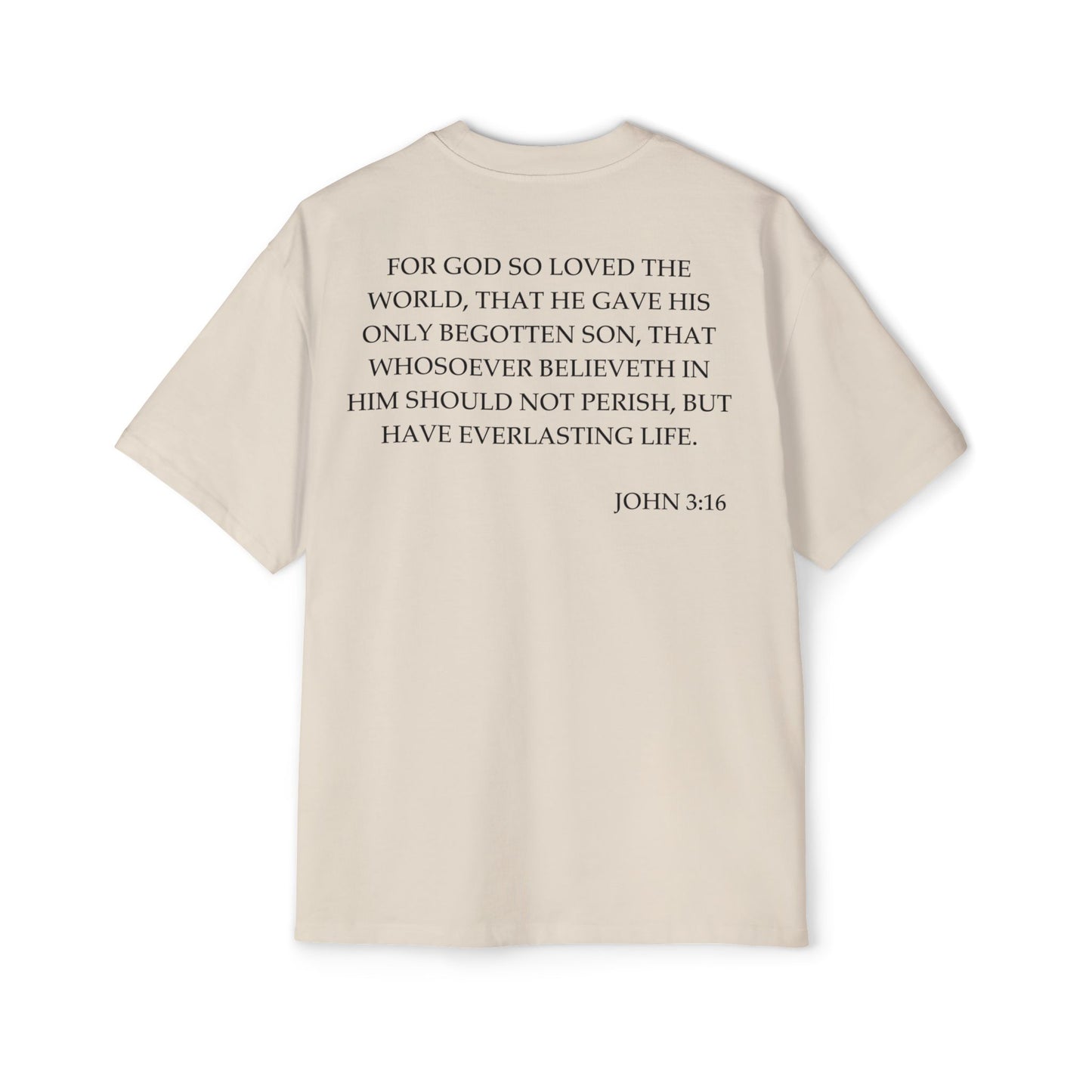 Back of Surrendered Apparel cream oversized Christian T-shirt featuring the Bible verse John 3:16 in bold black text, providing a cozy fit perfect for cooler days and sharing faith