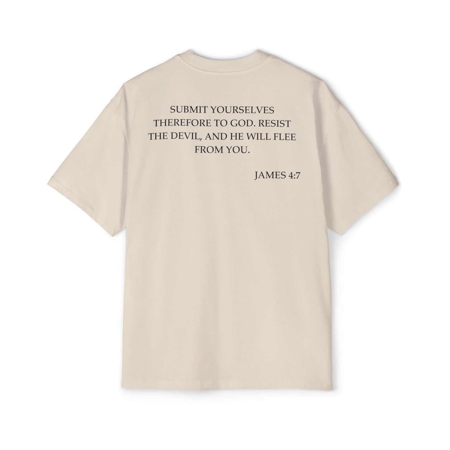 Back of Surrendered Apparel cream oversized Christian T-shirt featuring the Bible verse James 4:7 in bold black text, providing a cozy fit perfect for cooler days and sharing faith.