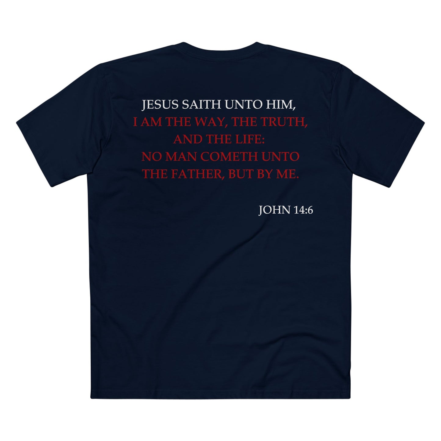 Back of Surrendered Apparel navy Christian T-shirt featuring the Bible verse John 14:6 in bold text, perfect for sharing faith and Jesus