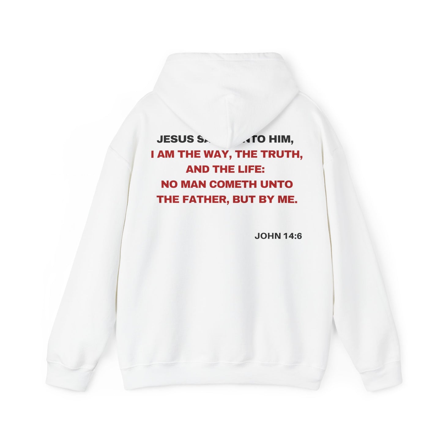 Back of Surrendered Apparel white Christian hoodie featuring the Bible verse John 14:6 in bold text, with a comfortable fit, perfect for sharing Jesus and staying warm on chilly days