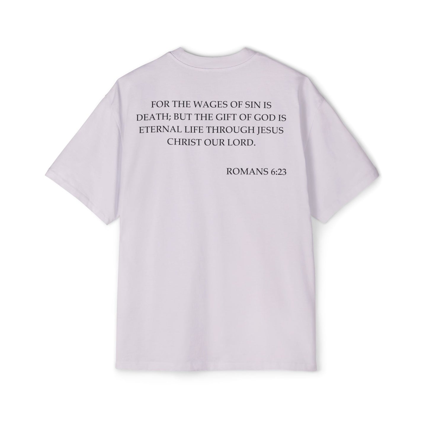 Back of Surrendered Apparel lavender oversized Christian T-shirt featuring the Bible verse Romans 6:23 in bold black text, providing a cozy fit perfect for cooler days and sharing faith