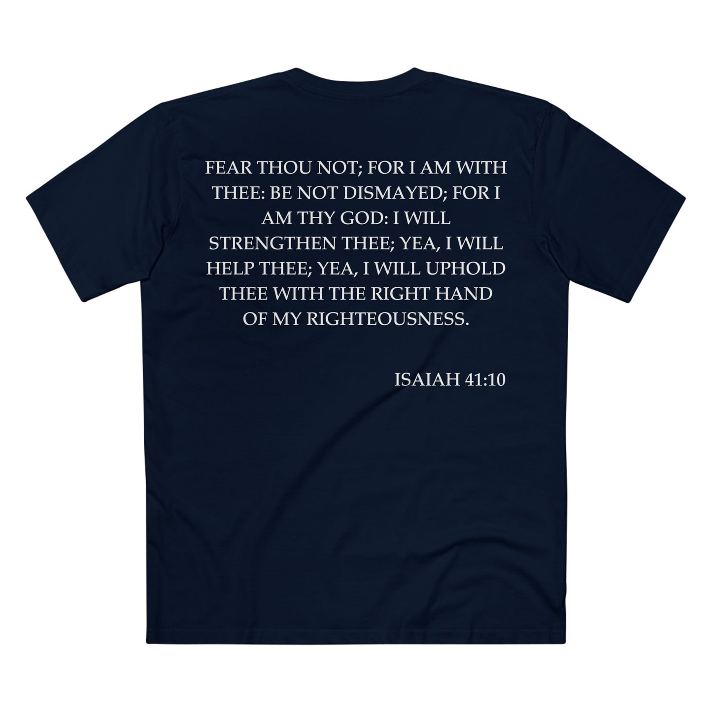 Back of Surrendered Apparel navy Christian T-shirt featuring the Bible verse Isaiah 41:10 in bold text, perfect for sharing faith and Jesus