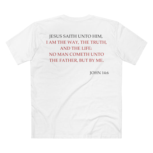 Back of Surrendered Apparel white Christian T-shirt featuring the Bible verse John 14:6 in bold text, perfect for sharing faith and Jesus