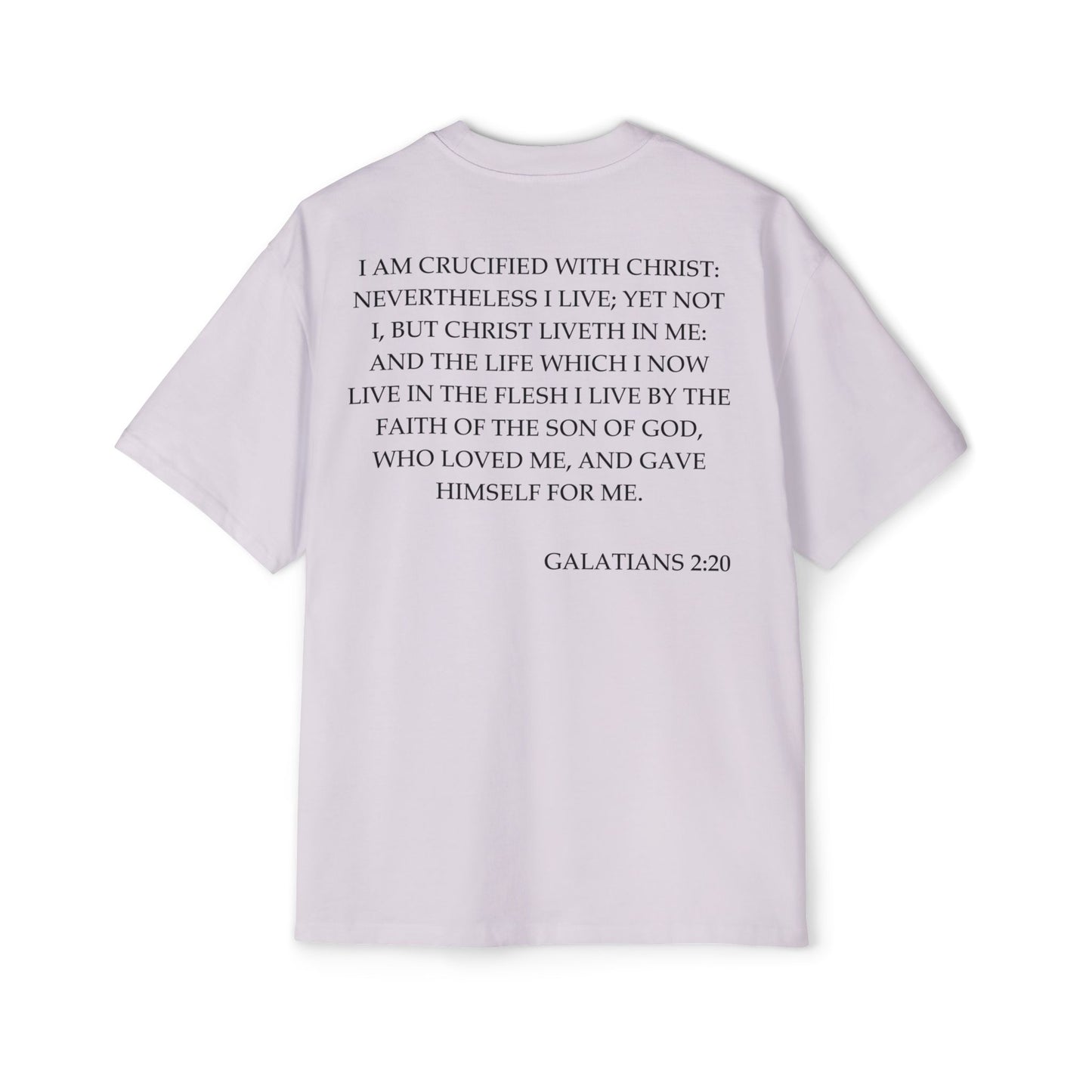 Back of Surrendered Apparel lavender oversized Christian T-shirt featuring the Bible verse Galatians 2:20 in bold black text, providing a cozy fit perfect for cooler days and sharing faith