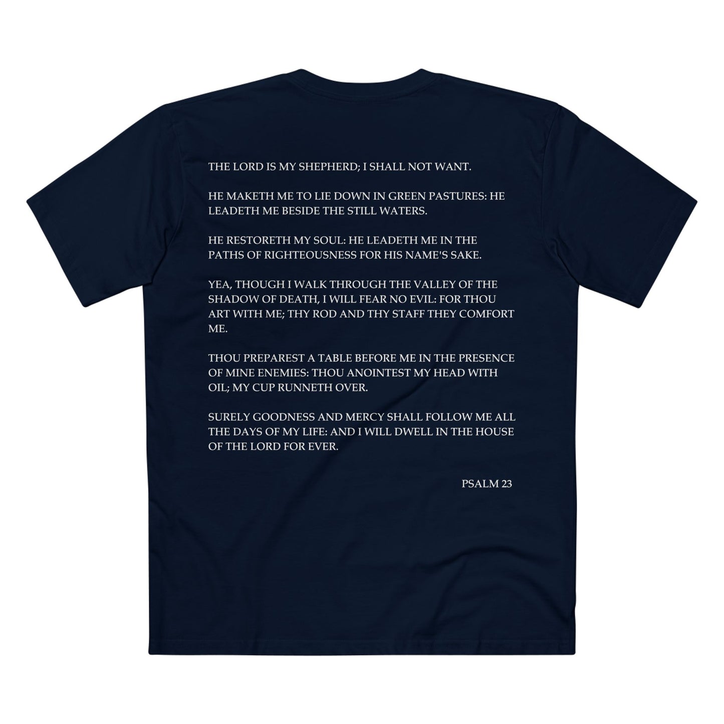 Back of Surrendered Apparel navy Christian T-shirt featuring the Bible verse Psalm 23 in bold text, perfect for sharing faith and Jesus