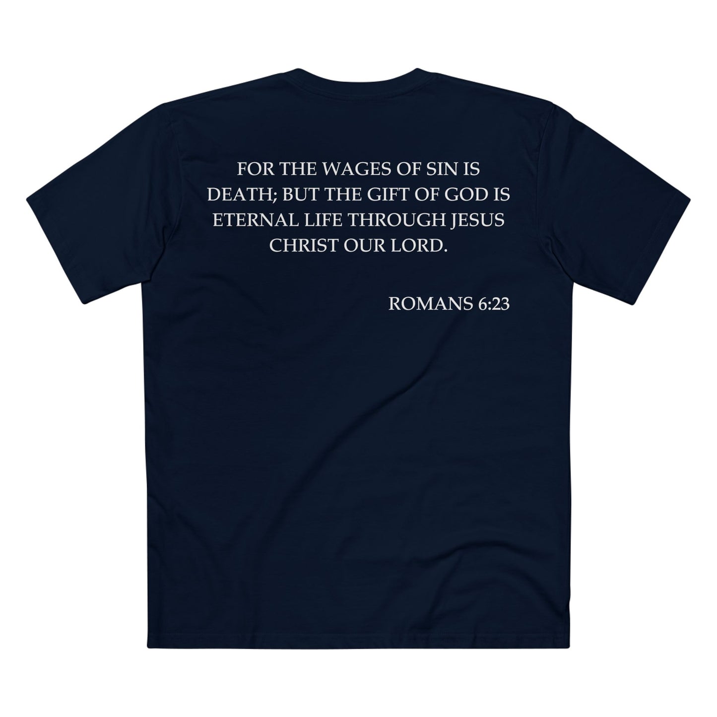 Back of Surrendered Apparel navy Christian T-shirt featuring the Bible verse Romans 6:23 in bold text, perfect for sharing faith and Jesus