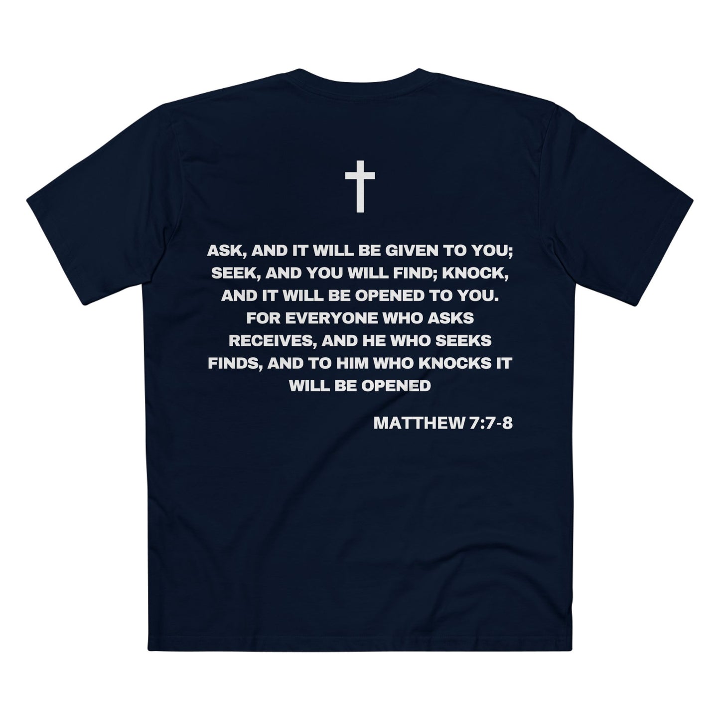 Back of Surrendered Apparel navy Christian T-shirt featuring the Bible verse Matthew 7:7-8 in bold text, perfect for sharing faith and Jesus