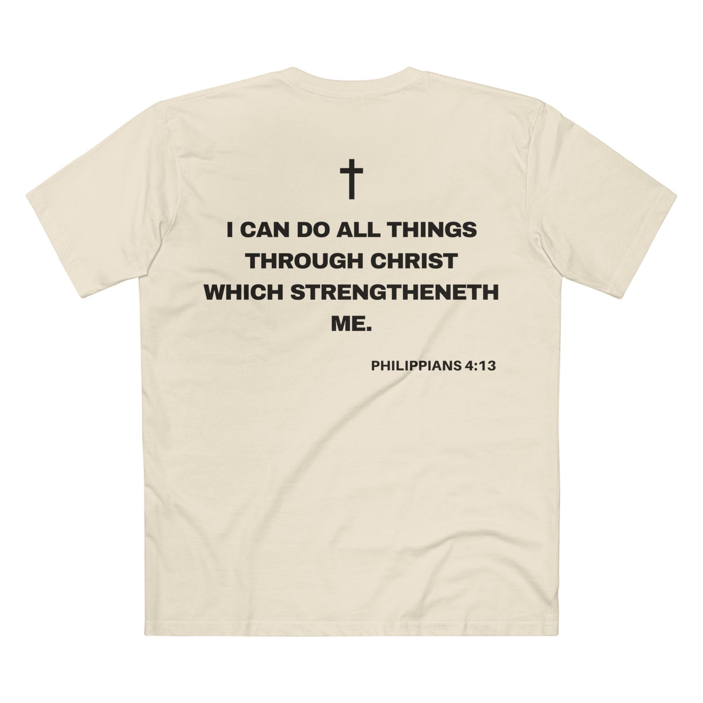 Back of Surrendered Apparel cream Christian T-shirt featuring the Bible verse Philippians 4:13 in bold text, cross on top, perfect for sharing faith and Jesus