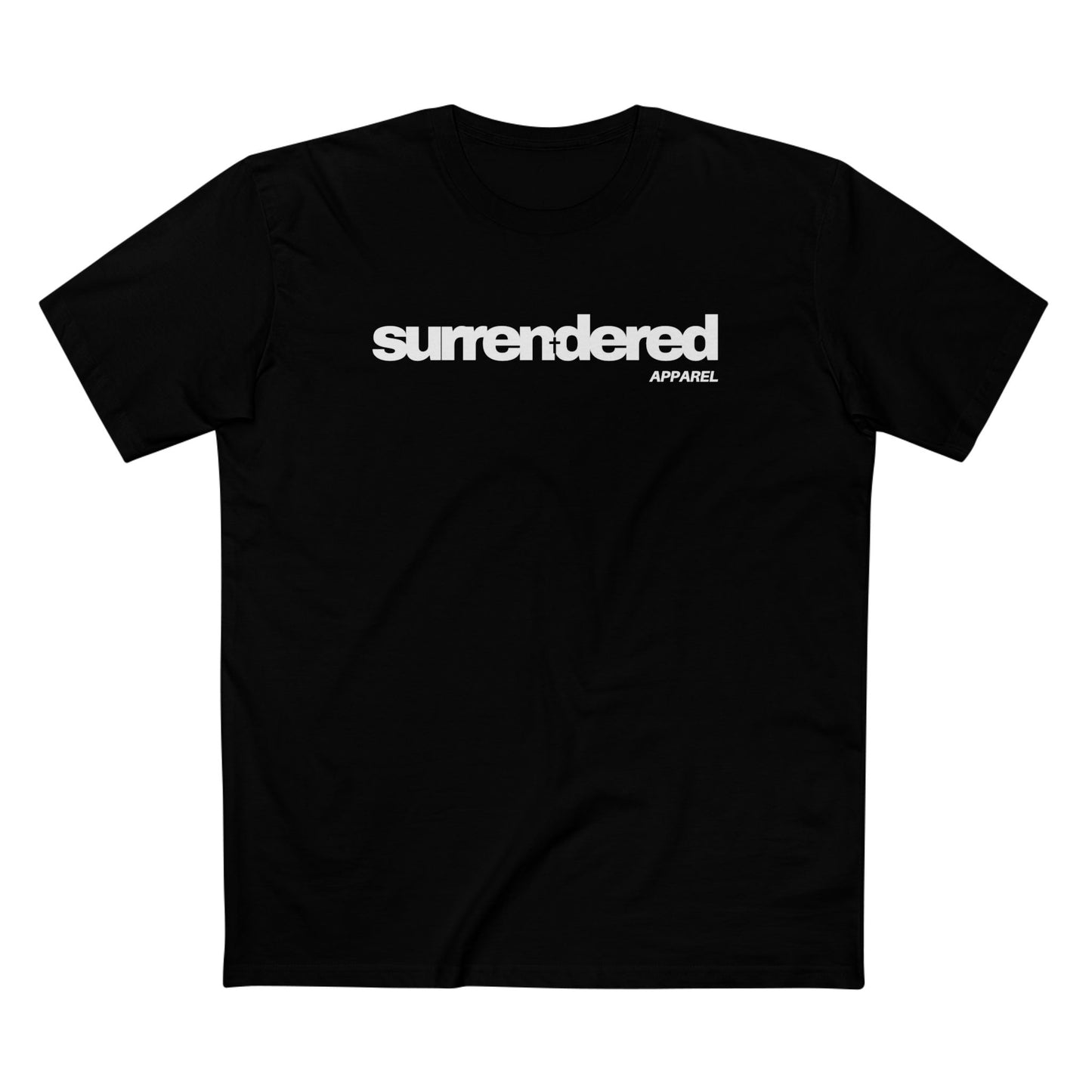 Surrendered Apparel black Christian T-shirt featuring Surrendered apparel logo in white. 