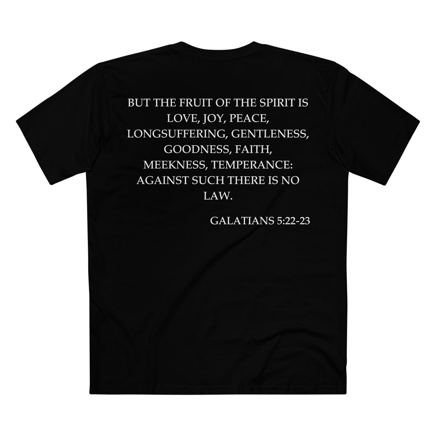 Back of Surrendered Apparel black Christian T-shirt featuring the Bible verse Galatians 5:22-23 in bold text, perfect for sharing faith and Jesus