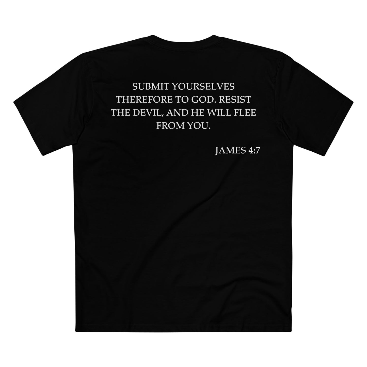 Back of Surrendered Apparel black Christian T-shirt featuring the Bible verse James 4:7 in bold text, perfect for sharing faith and Jesus