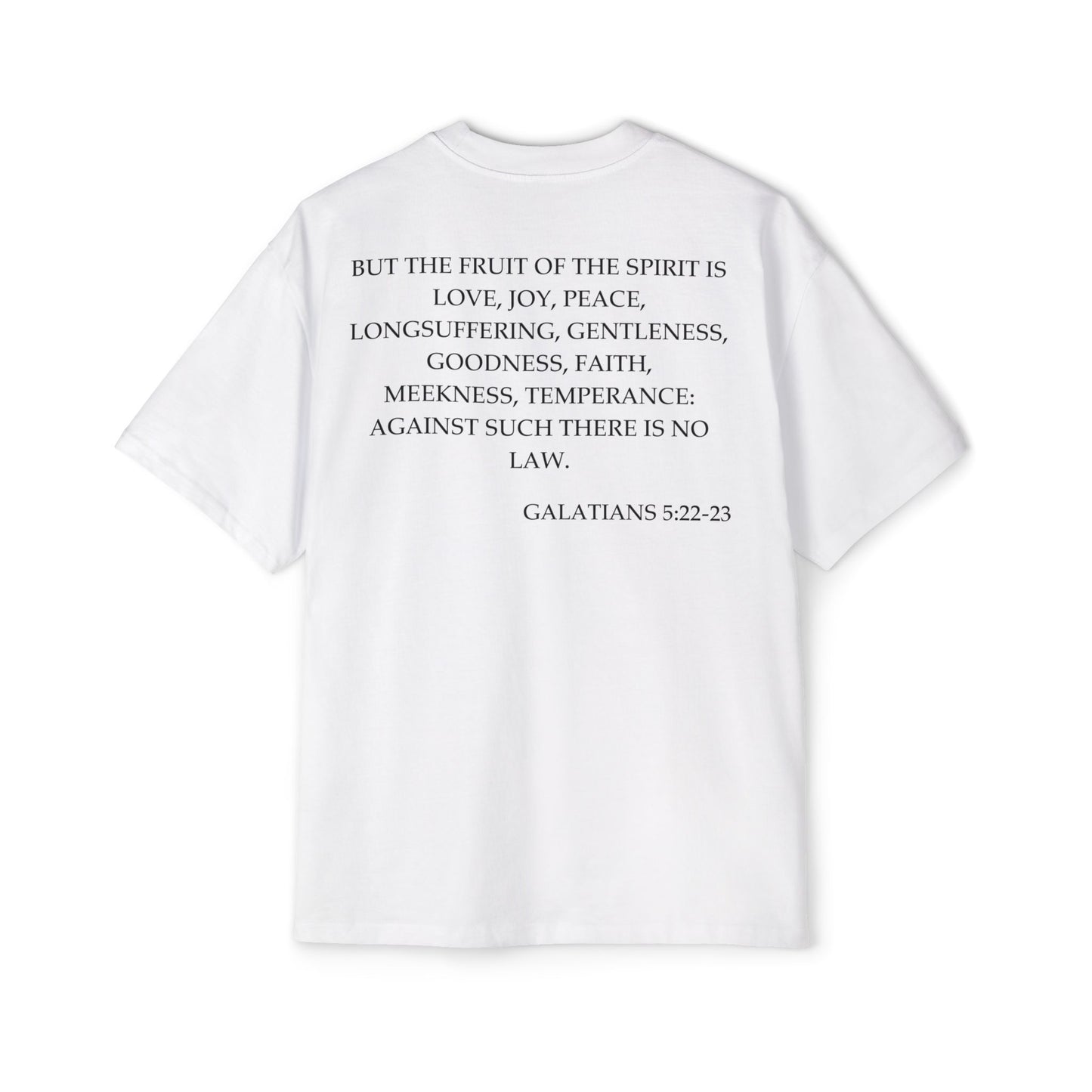 Back of Surrendered Apparel white oversized Christian T-shirt featuring the Bible verse Galatians 5:22-23 in bold black text, providing a cozy fit perfect for cooler days and sharing faith.