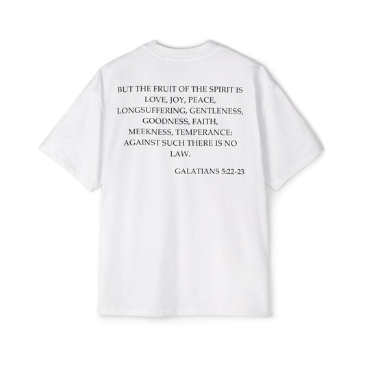 Back of Surrendered Apparel white oversized Christian T-shirt featuring the Bible verse Galatians 5:22-23 in bold black text, providing a cozy fit perfect for cooler days and sharing faith.