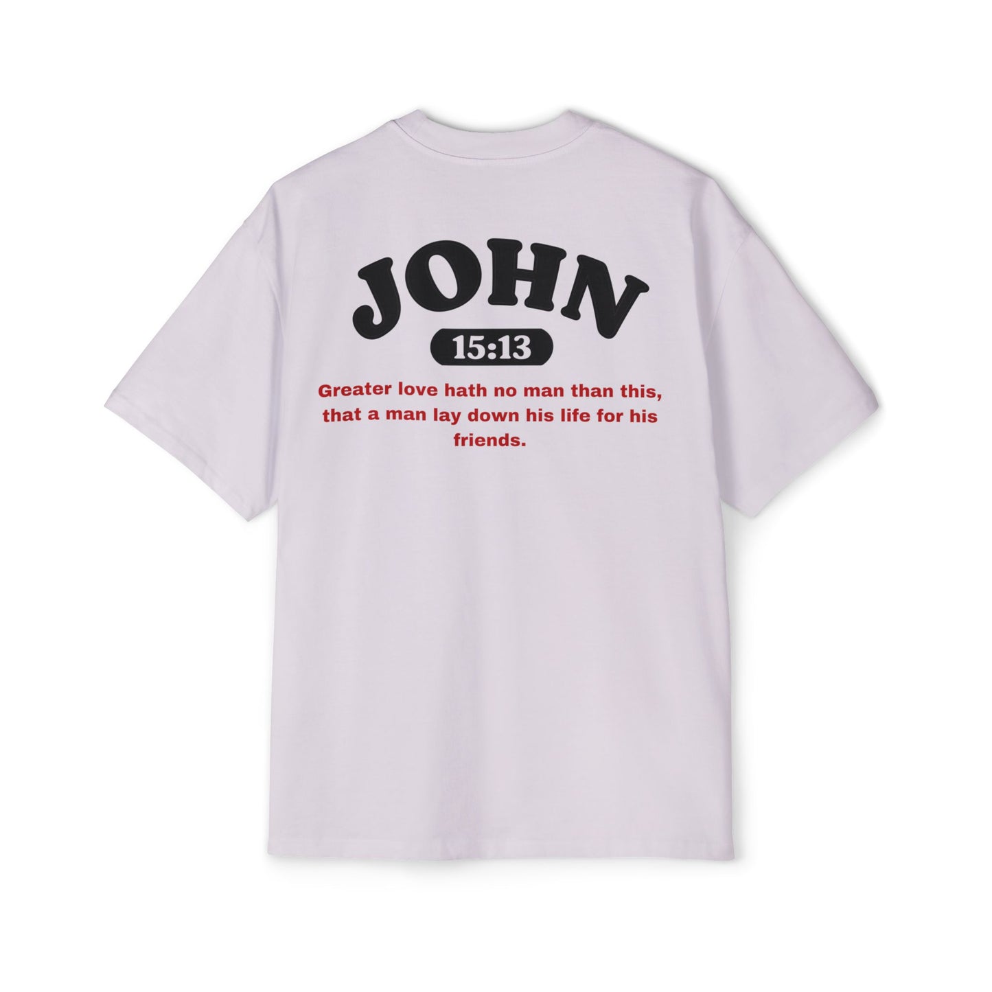 Back of Surrendered Apparel lavender oversized Christian T-shirt featuring the Bible verse John 15:13 in bold text, providing a cozy fit perfect for cooler days and sharing faith