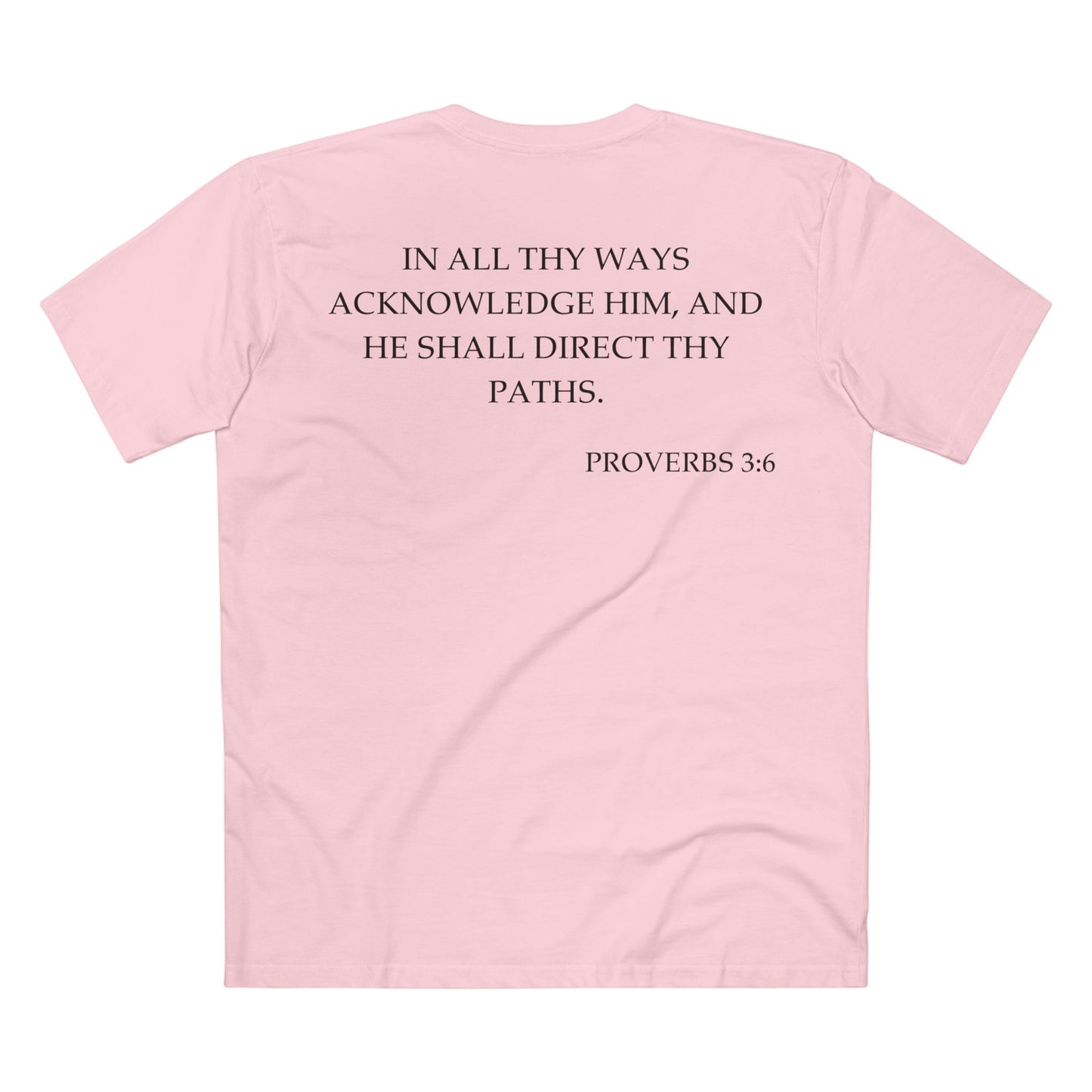 Back of Surrendered Apparel pink Christian T-shirt featuring the Bible verse Proverbs 3:6 in bold text, perfect for sharing faith and Jesus