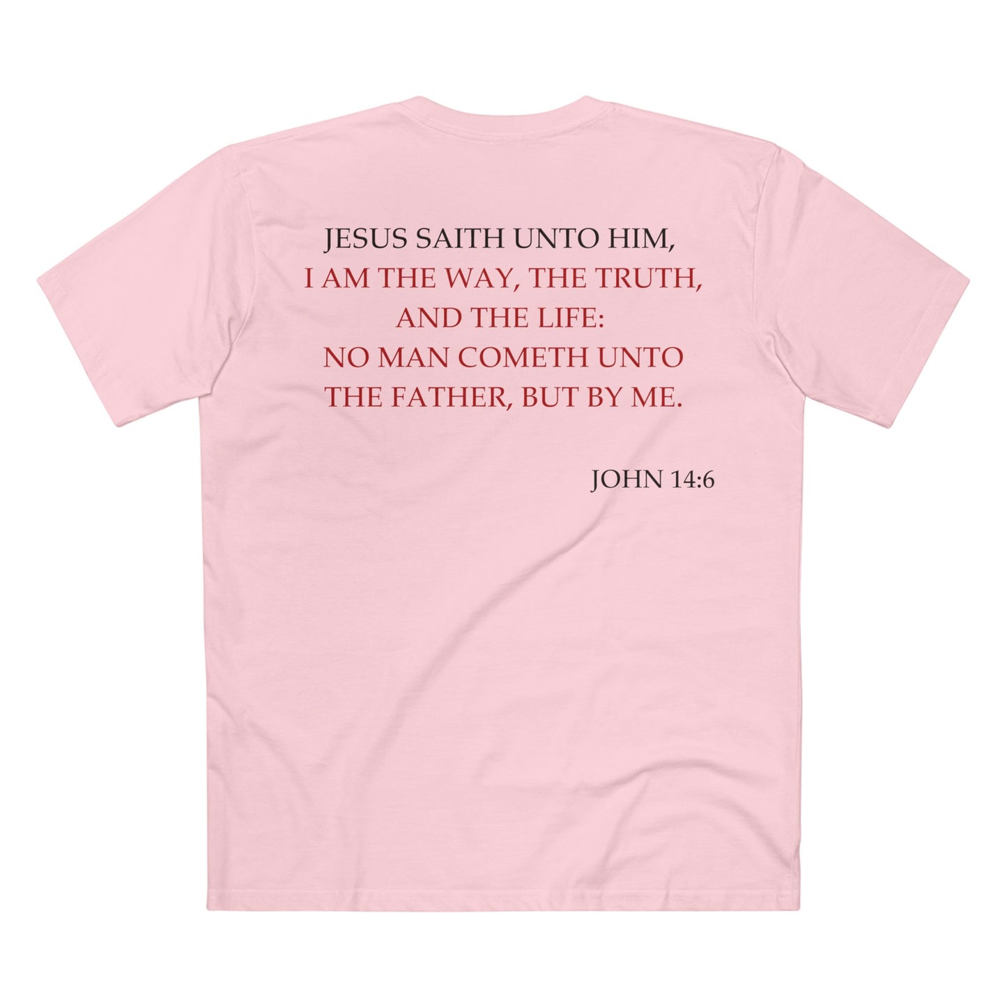 Back of Surrendered Apparel pink Christian T-shirt featuring the Bible verse John 14:6 in bold text, perfect for sharing faith and Jesus