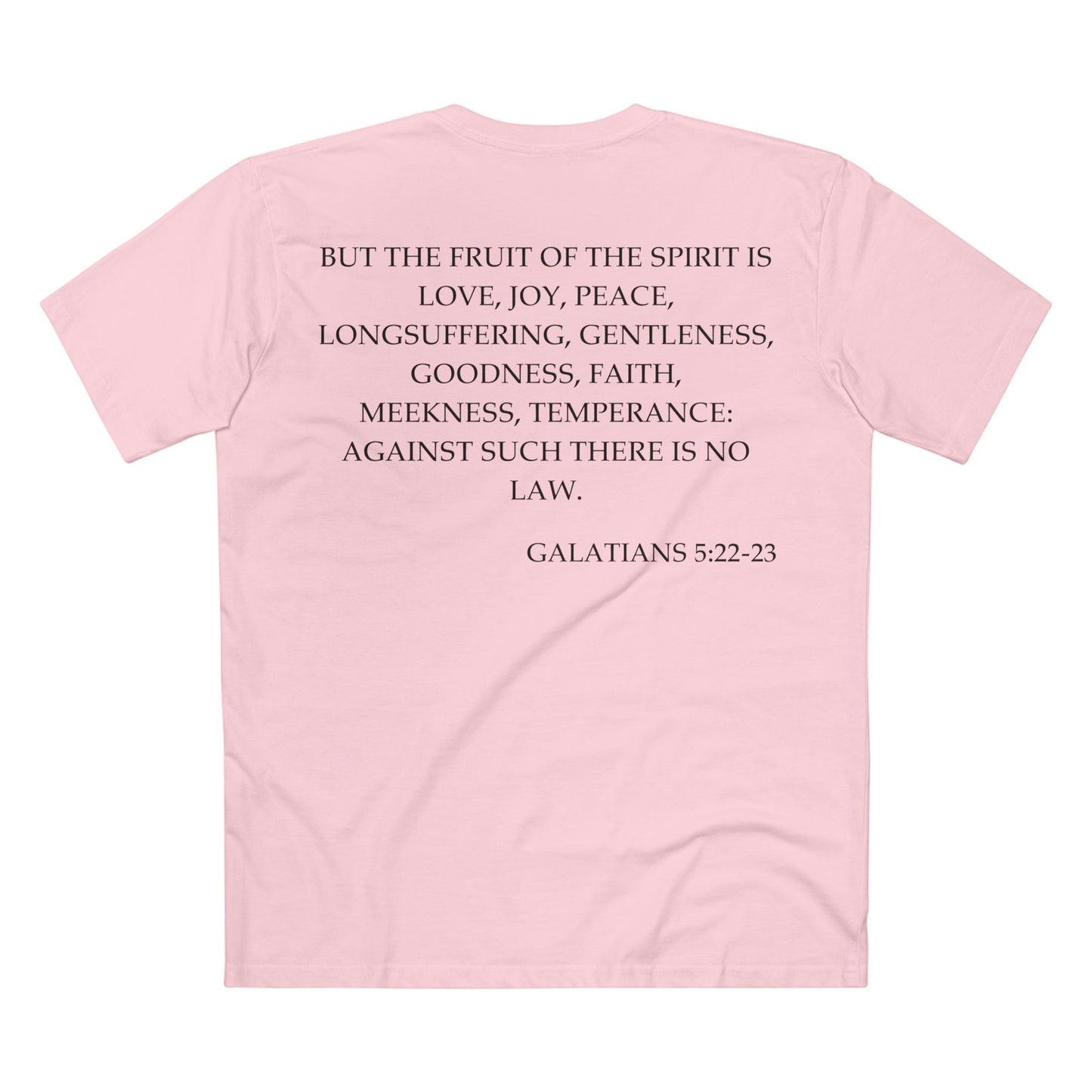 Back of Surrendered Apparel pink Christian T-shirt featuring the Bible verse Galatians 5:22-23 in bold text, perfect for sharing faith and Jesus