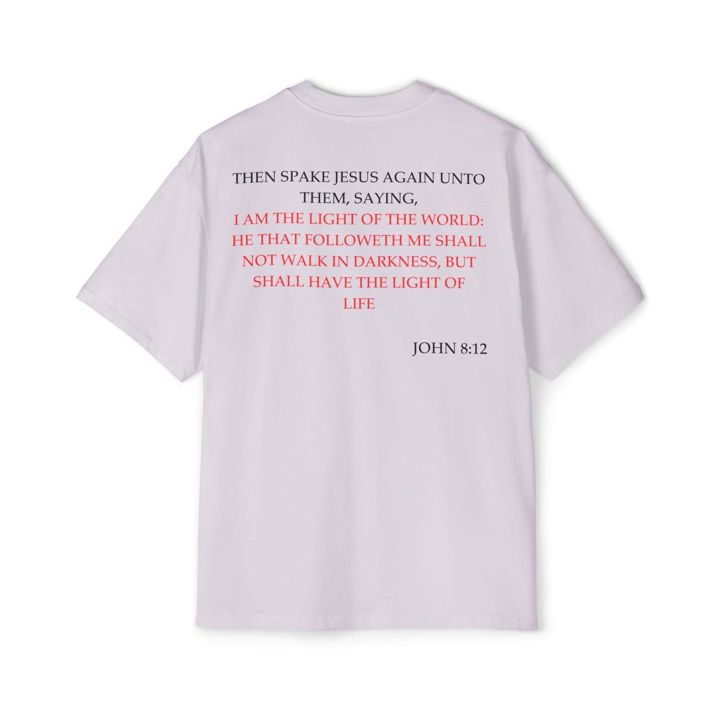 Back of Surrendered Apparel lavender oversized Christian T-shirt featuring the Bible verse John 8:12 in bold black and red text, providing a cozy fit perfect for cooler days and sharing faith.