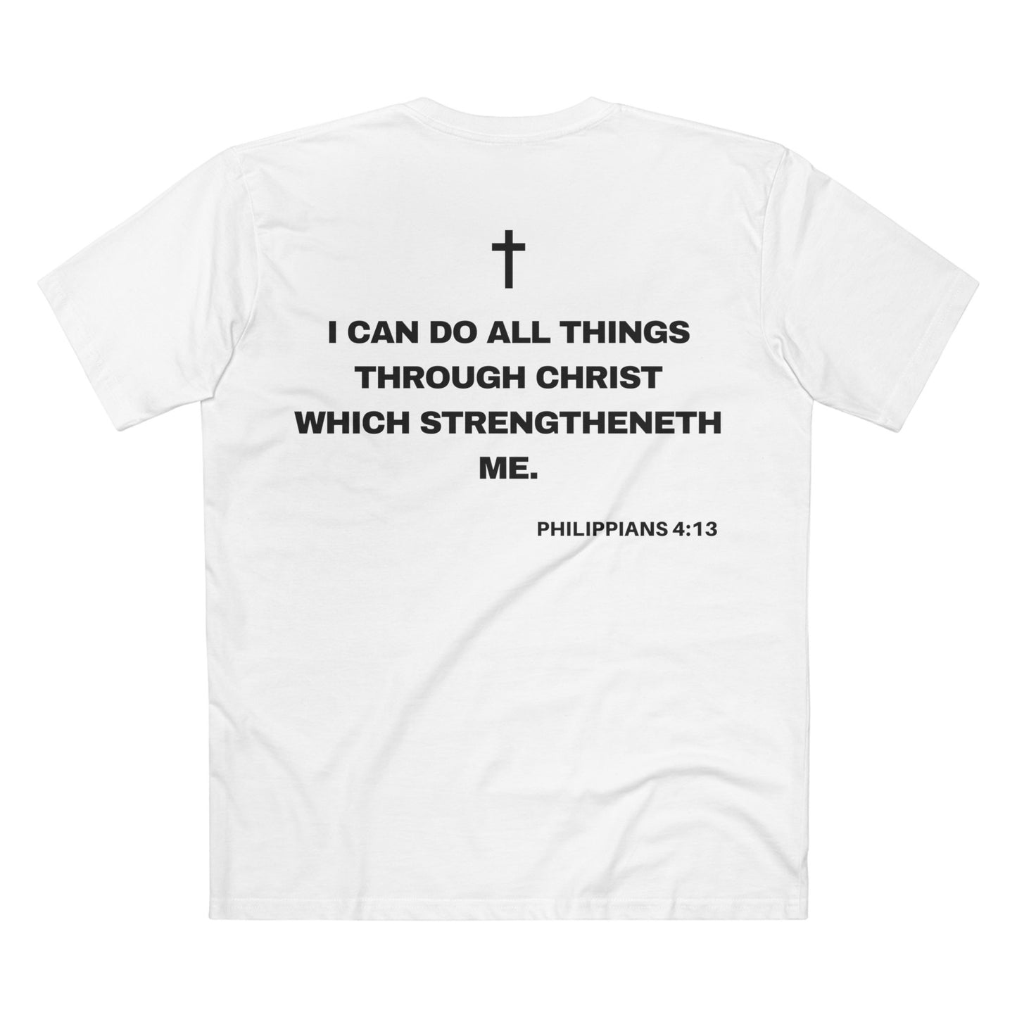 Back of Surrendered Apparel white Christian T-shirt featuring the Bible verse Philippians 4:13 in bold text, cross on top, perfect for sharing faith and Jesus