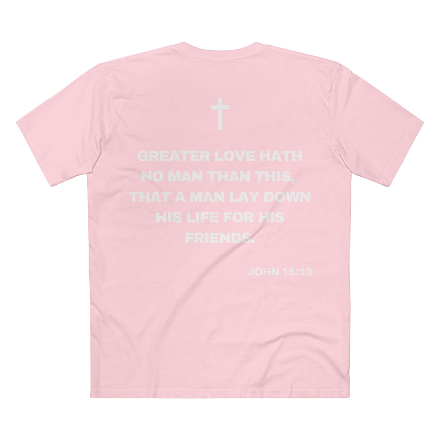 Back of Surrendered Apparel pink Christian T-shirt featuring the Bible verse John 15:13 in bold text, cross on top, perfect for sharing faith and Jesus