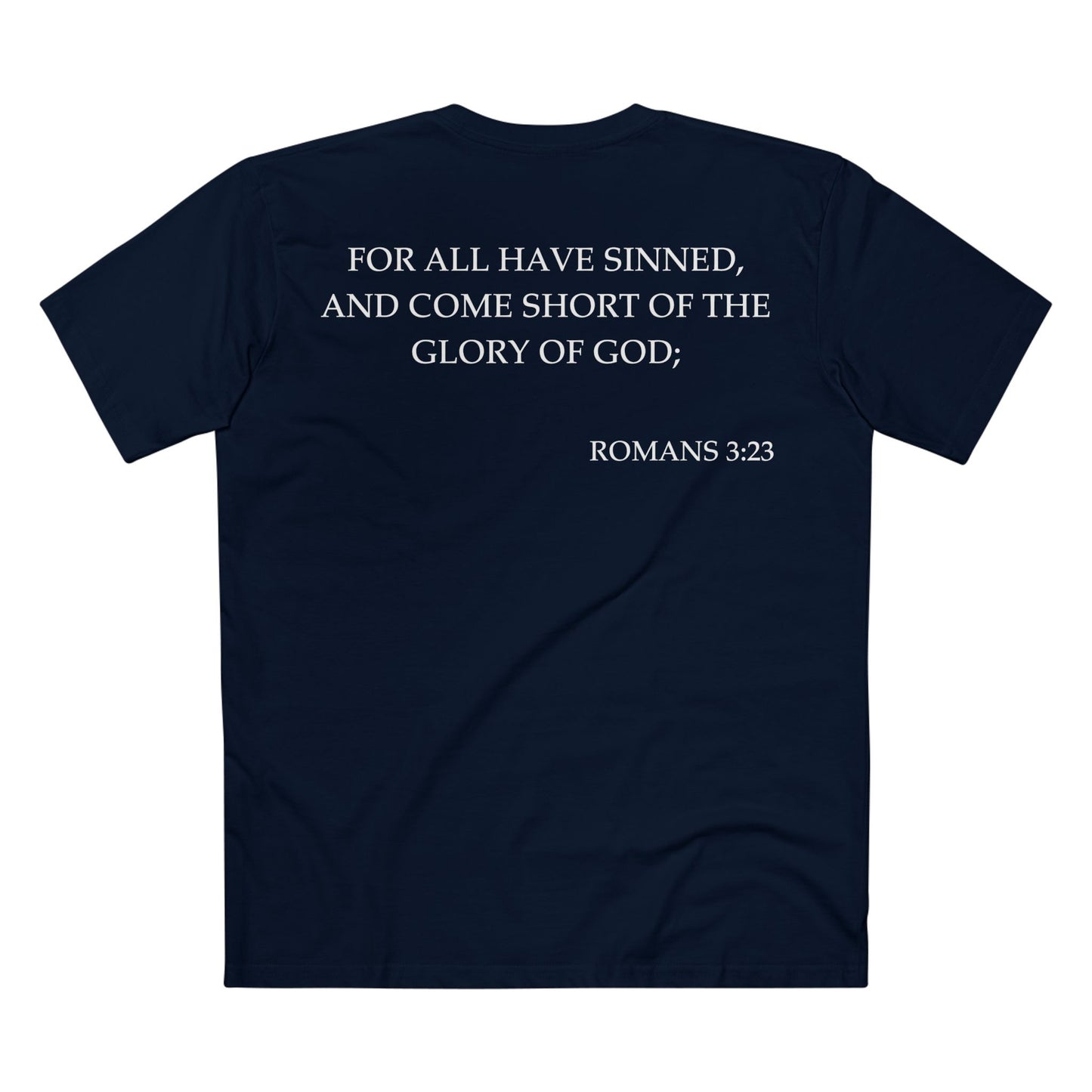 Back of Surrendered Apparel navy Christian T-shirt featuring the Bible verse Romans 3:23 in bold text, perfect for sharing faith and Jesus