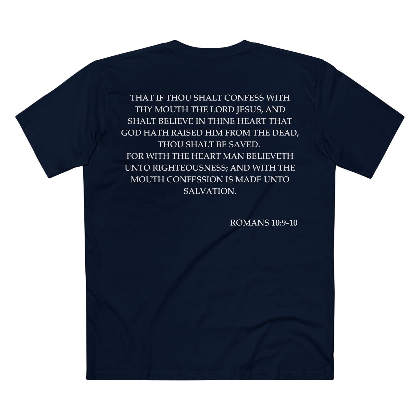 Back of Surrendered Apparel Navy Christian T-shirt featuring the Bible verse Romans 10:9-10 in bold text, perfect for sharing faith and Jesus