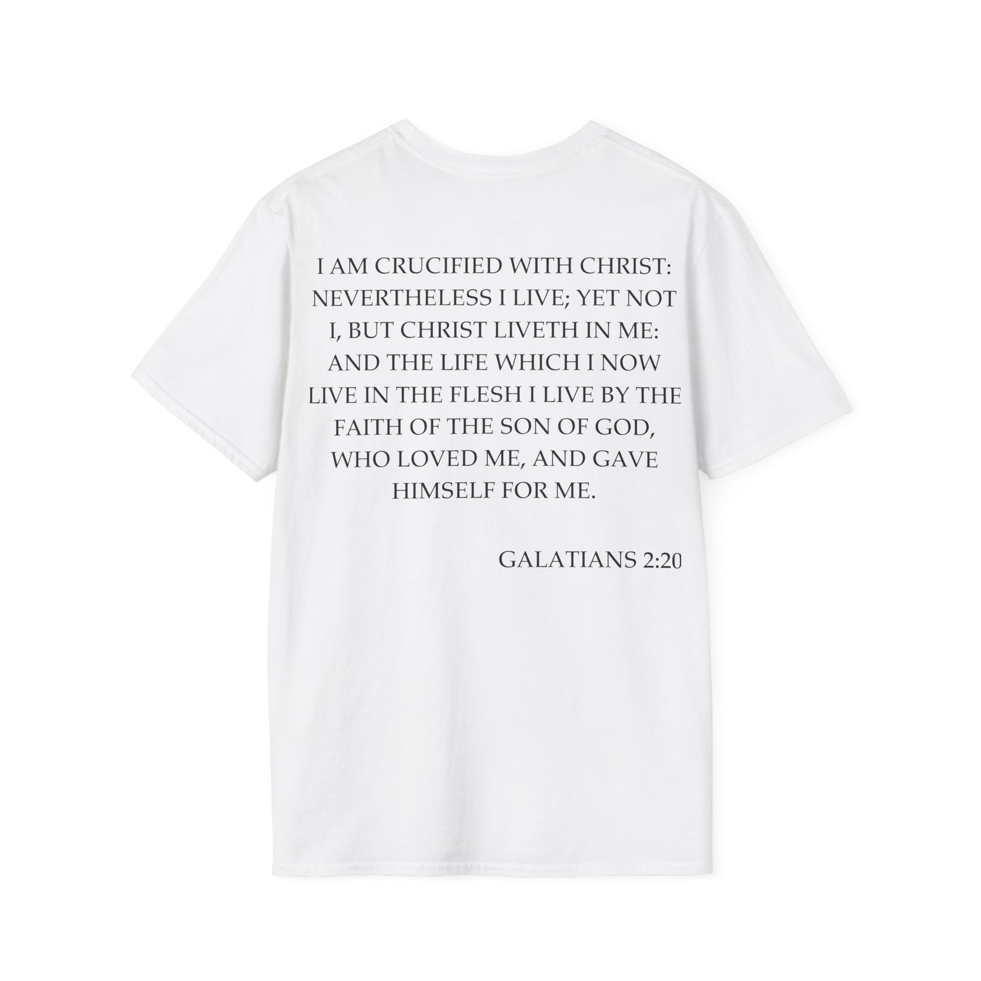 Back of Surrendered Apparel white Christian softstyle T-shirt featuring the Bible verse Galatians 2:20 in bold black text, designed for everyday comfort and sharing faith