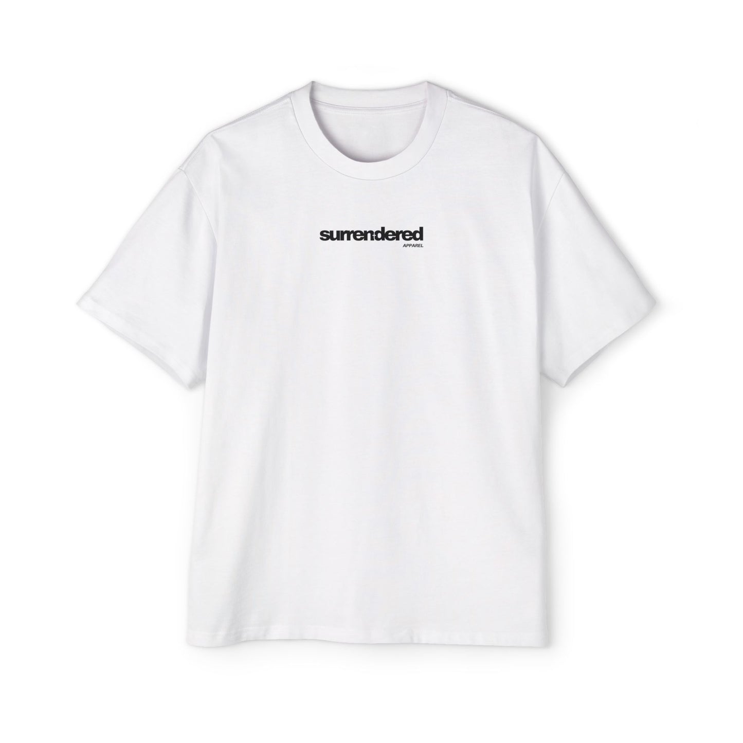 White Surrendered Apparel shirt. Surrendered apparel logo written across chest in black. Oversized style for a comfy fit