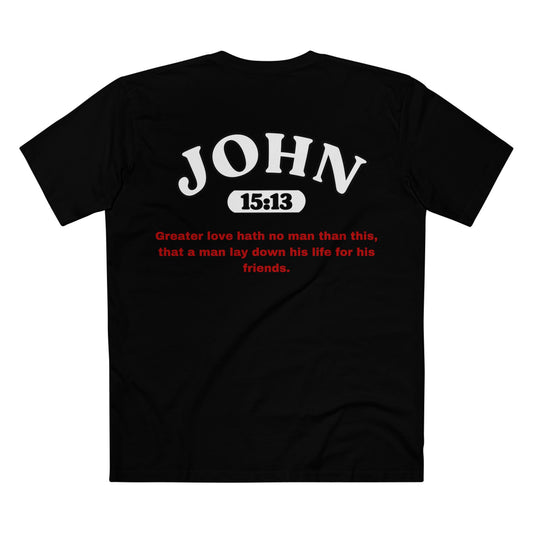 Back of Surrendered Apparel black Christian T-shirt featuring the Bible verse John 15:13 in big bold text, perfect for sharing faith and Jesus