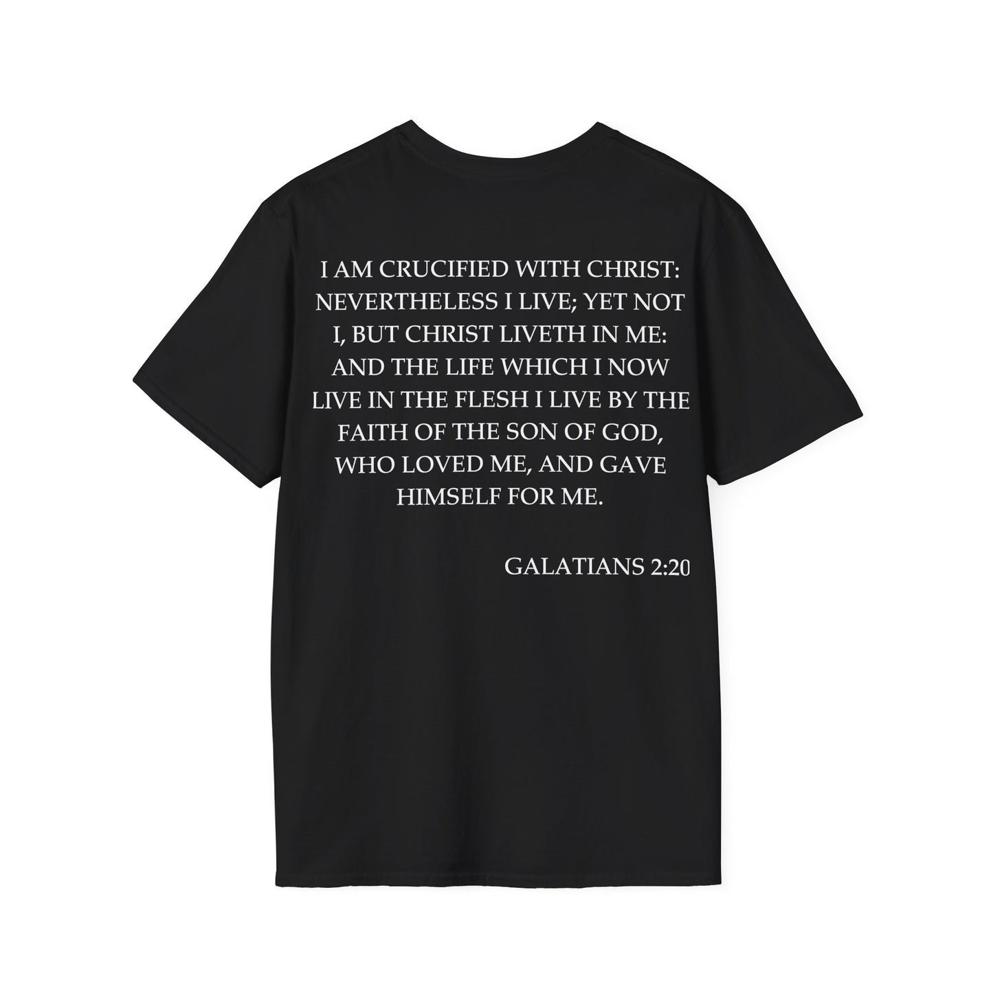 Back of Surrendered Apparel black Christian softstyle T-shirt featuring the Bible verse Galatians 2:20 in bold white text, designed for everyday comfort and sharing faith