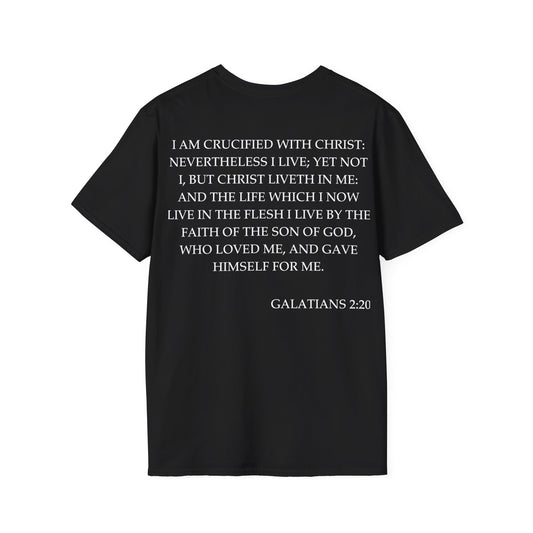 Back of Surrendered Apparel black Christian softstyle T-shirt featuring the Bible verse Galatians 2:20 in bold white text, designed for everyday comfort and sharing faith