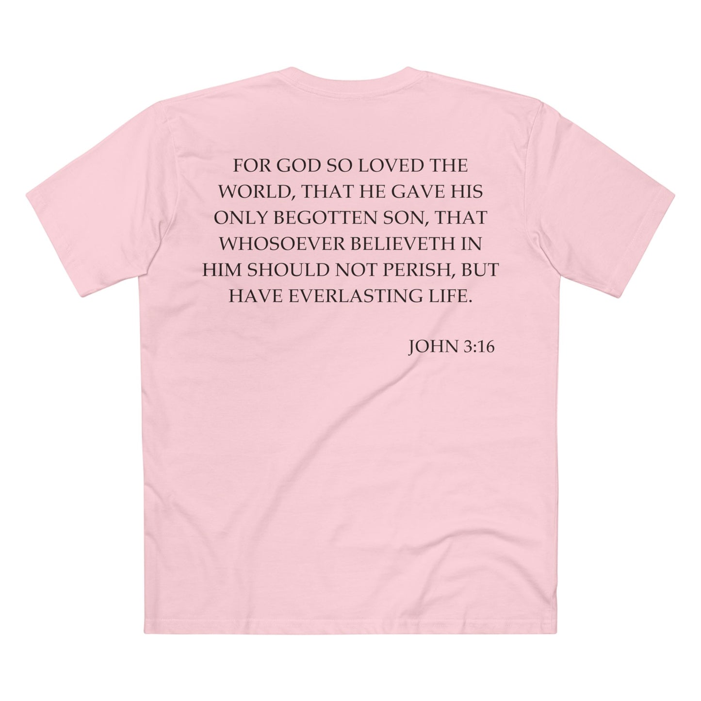 Back of Surrendered Apparel pink Christian T-shirt featuring the Bible verse John 3:16 in bold text, perfect for sharing faith and Jesus